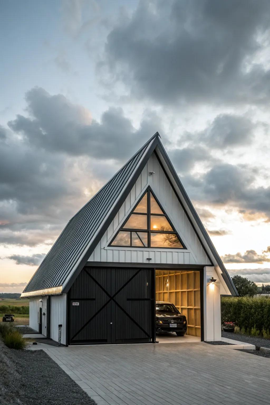 A garage with a striking A-frame roofline that captures attention.