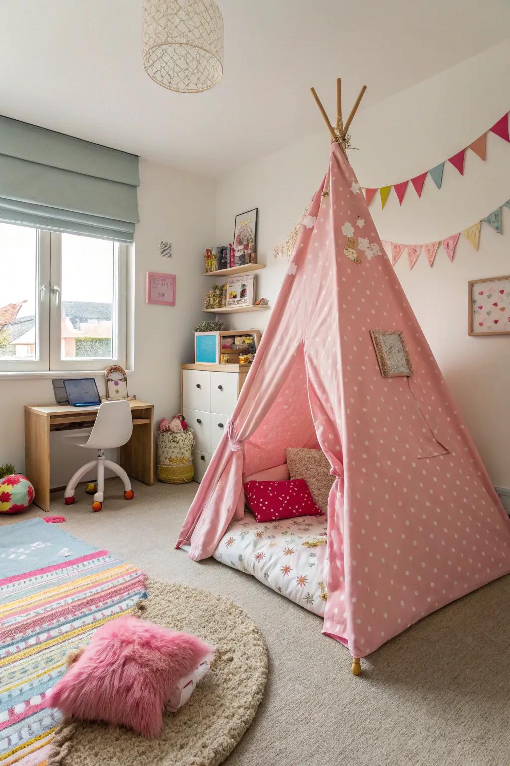 A teepee tent offers a playful hideaway.