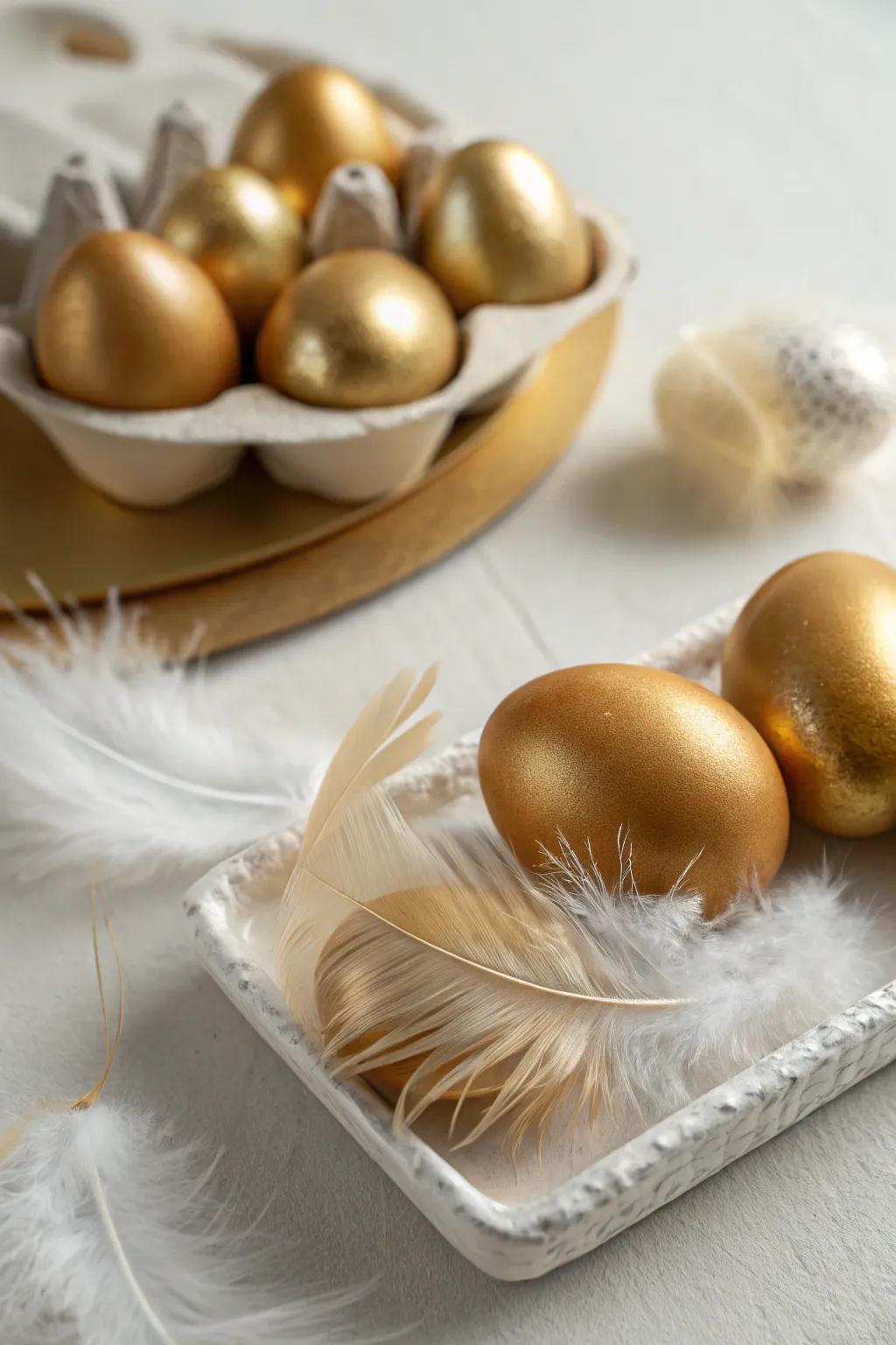 Feather-adorned golden eggs create a whimsical, ethereal vibe.