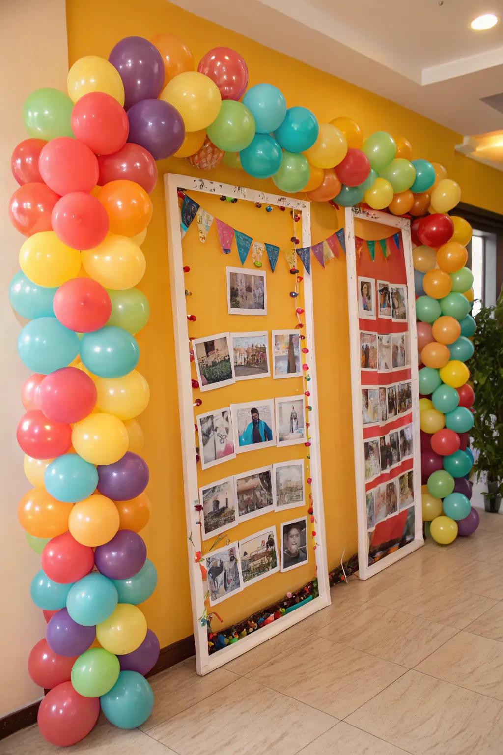 A balloon garland creates a whimsical and festive atmosphere.