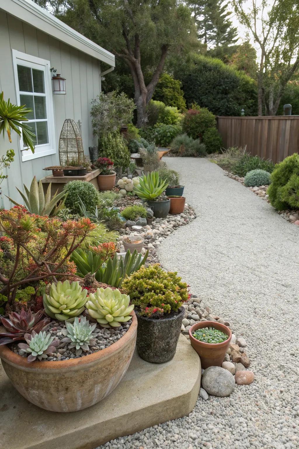 A gravel patio adorned with a beautiful succulent garden.