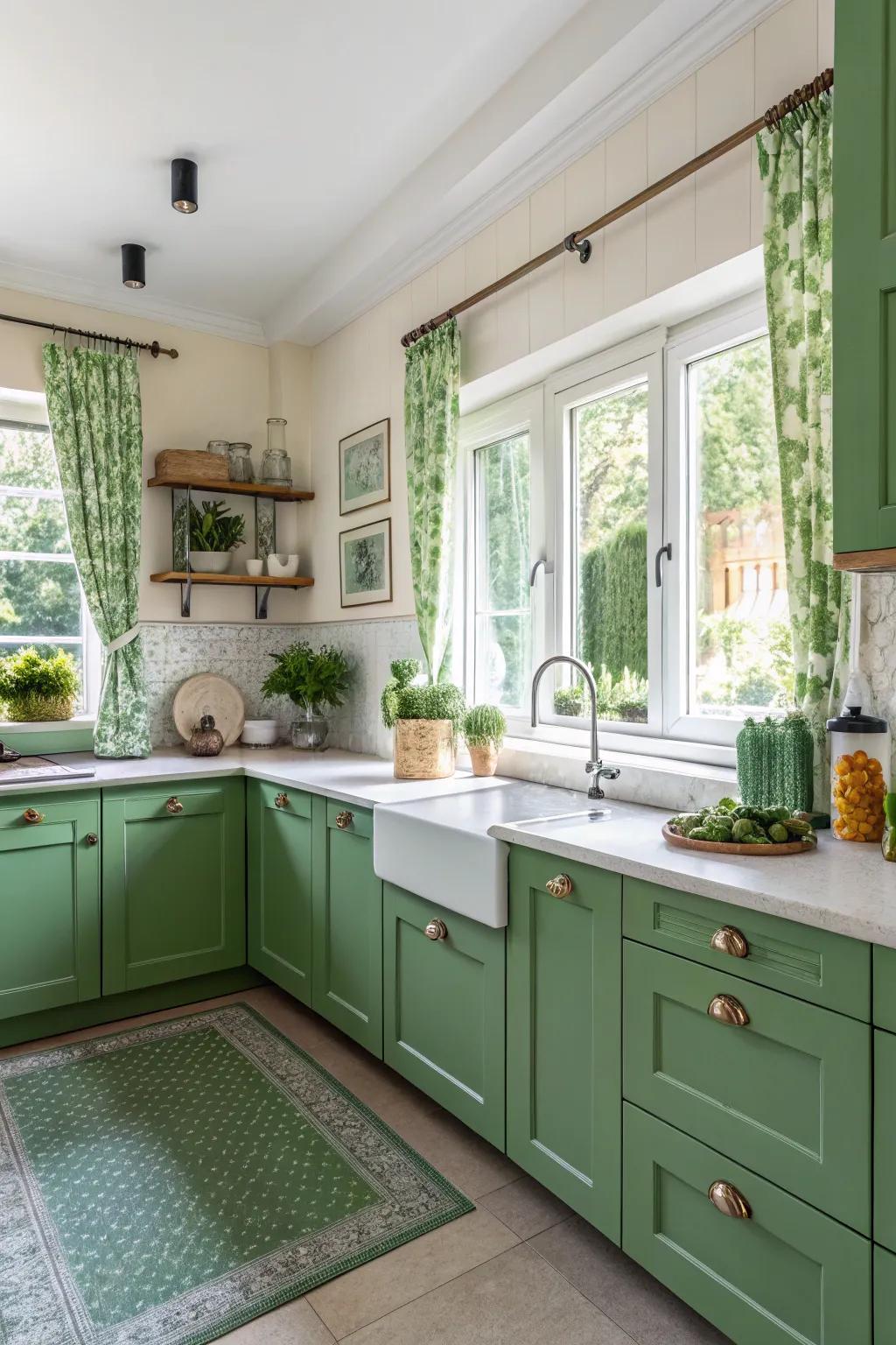 Green cabinets bring freshness to the kitchen.