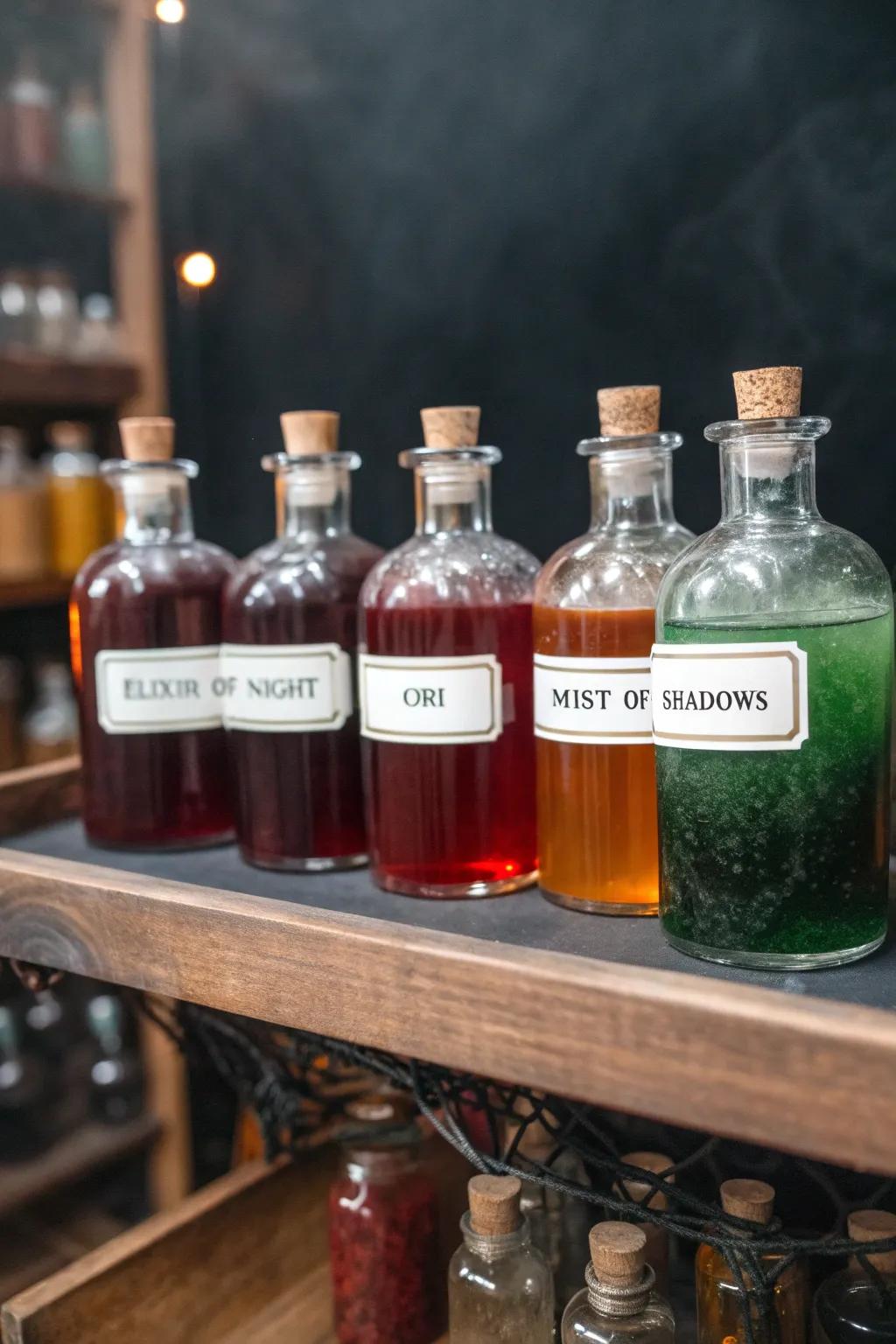 Craft a mysterious display showcasing potion vials and eerie labels.