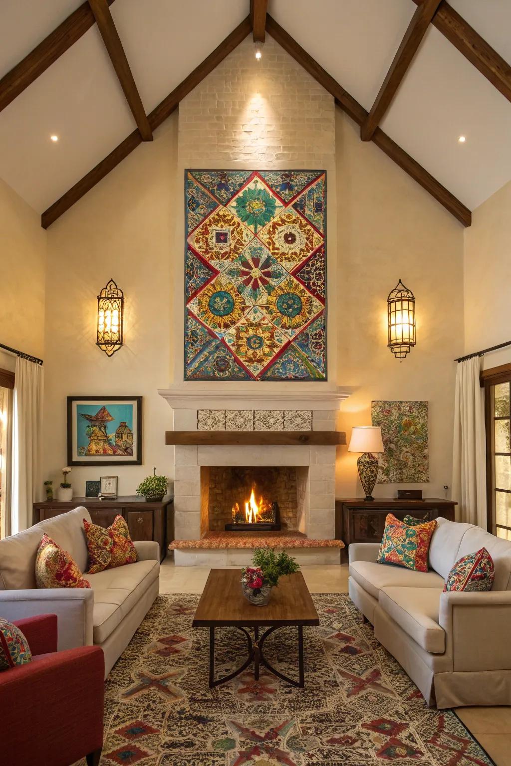 Mosaic art adds vibrant color and texture.