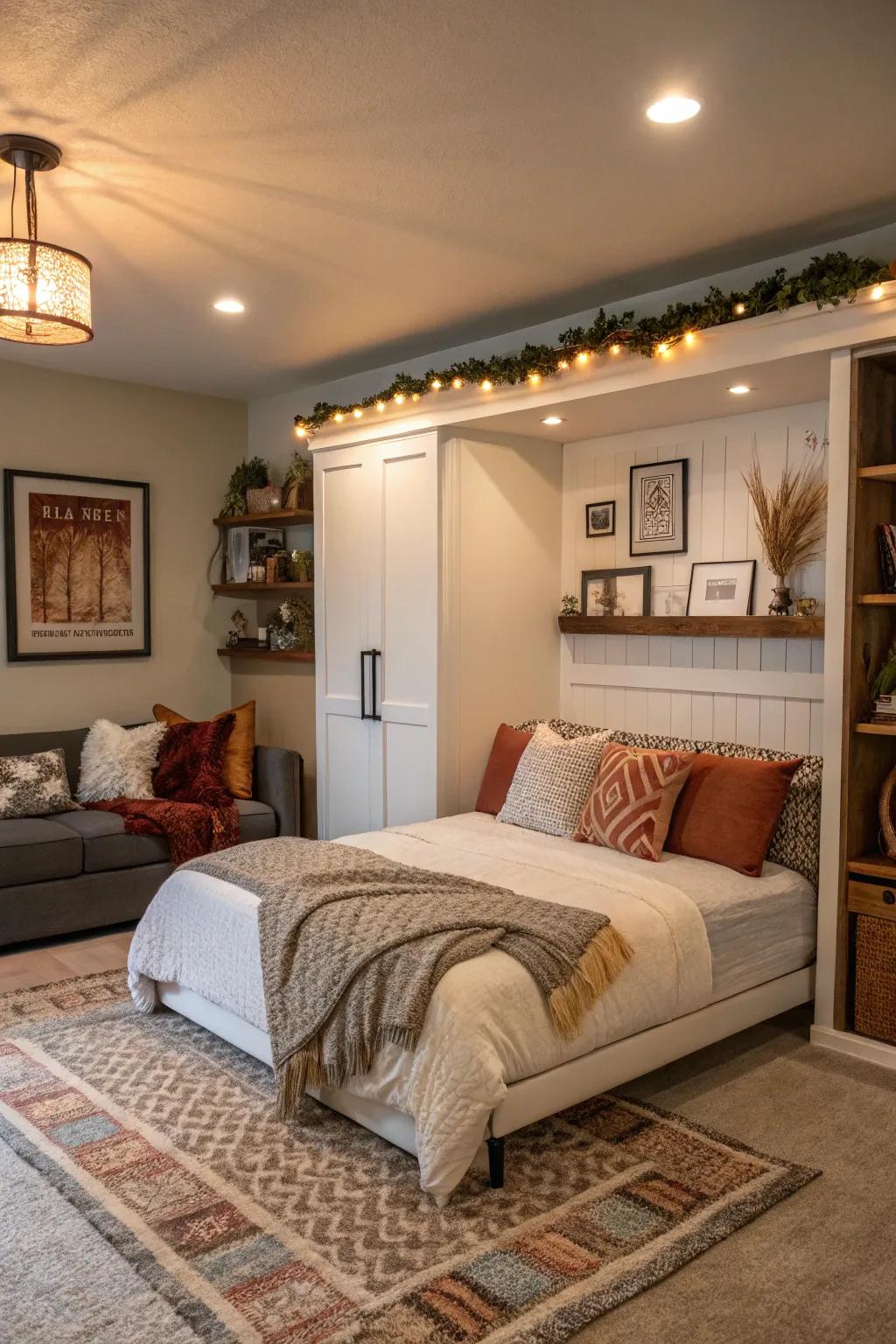 A convertible living space that becomes a guest room with a fold-down Murphy bed.