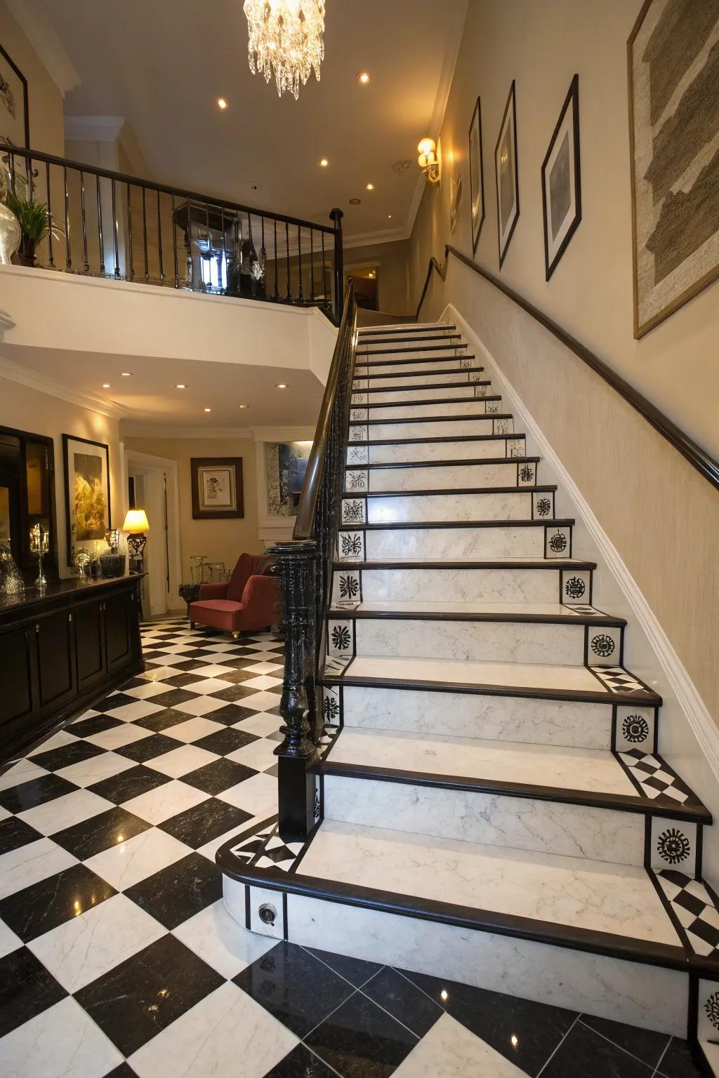 Create a striking impact using black and white stairs.