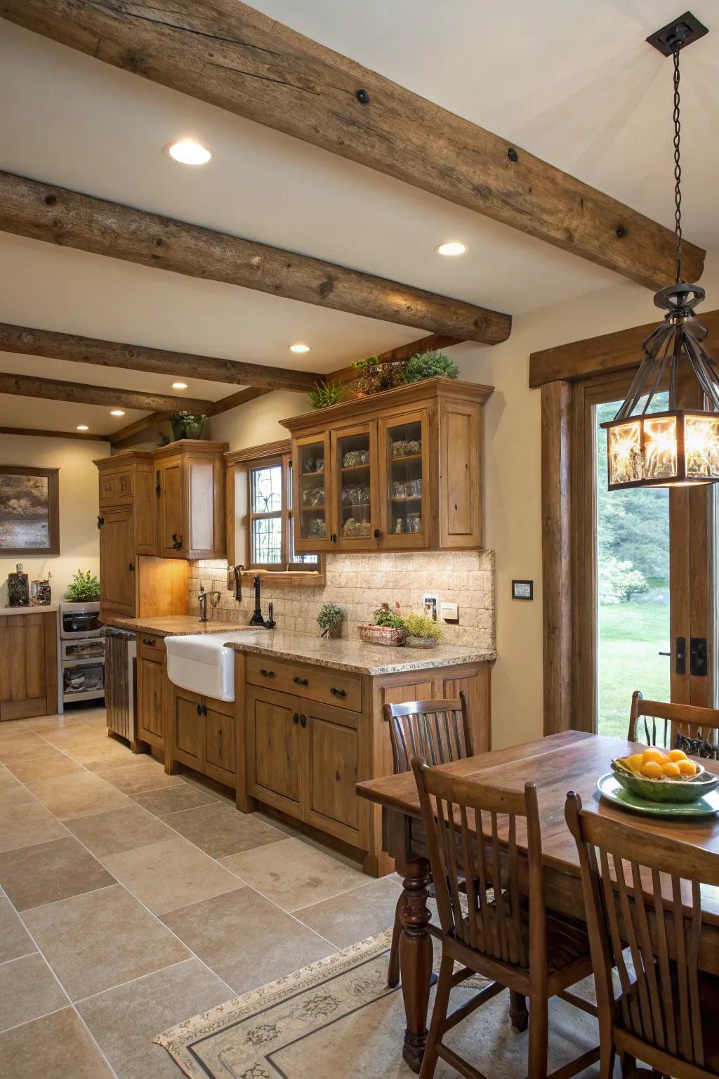 Kitchen featuring rustic exposed beam trim for added warmth.