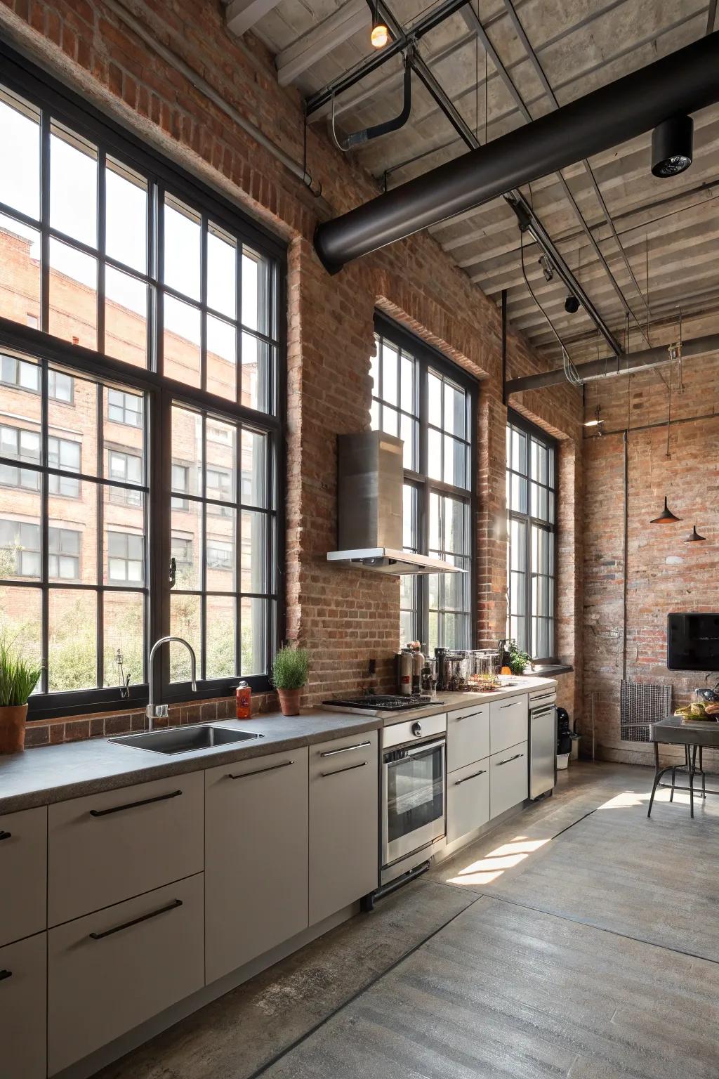 An industrial chic kitchen featuring metal-framed windows and a brick backsplash.