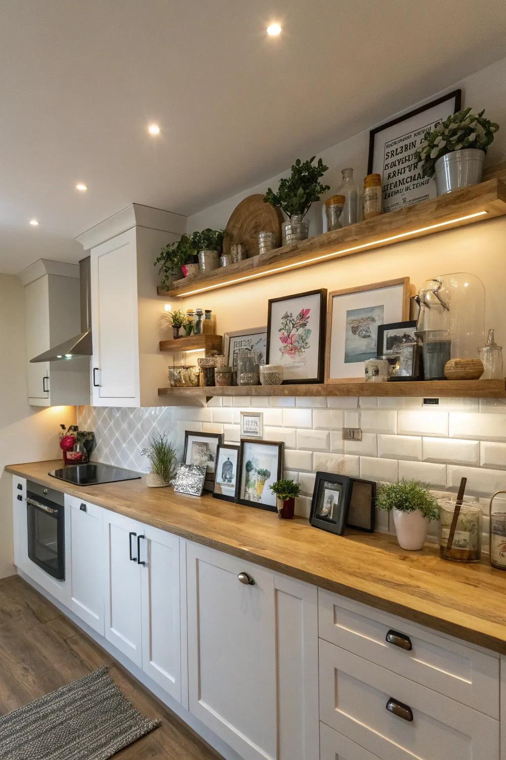 A soffit used as a display ledge, showcasing dynamic and versatile kitchen decor.