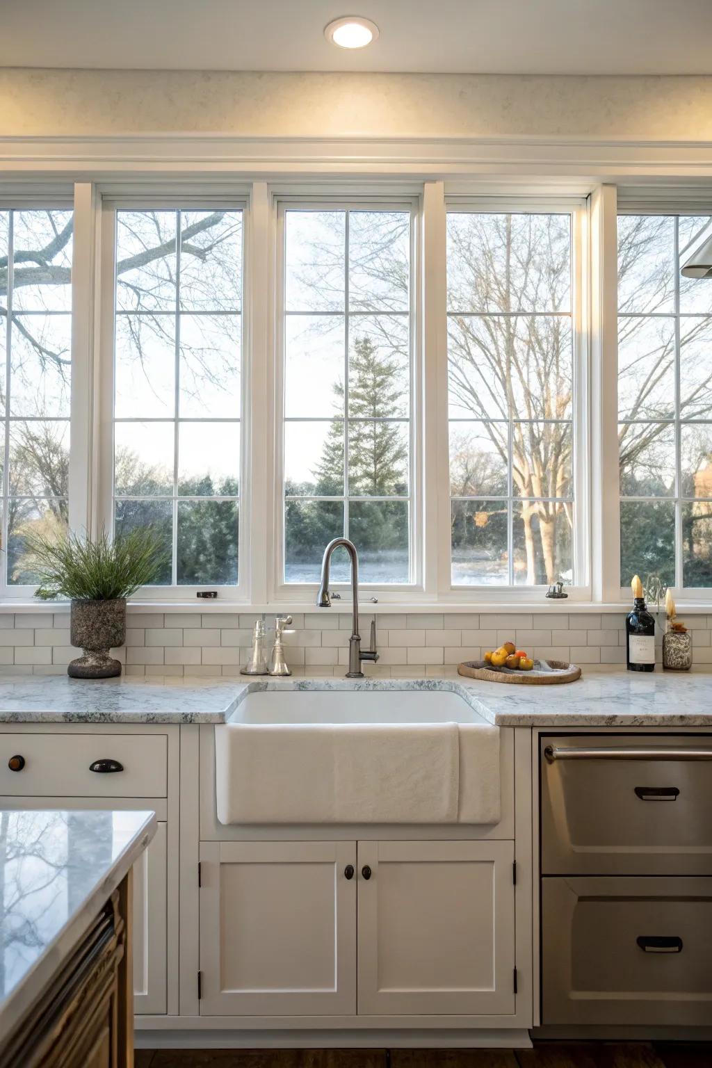 An innovative kitchen with windows as the backsplash.