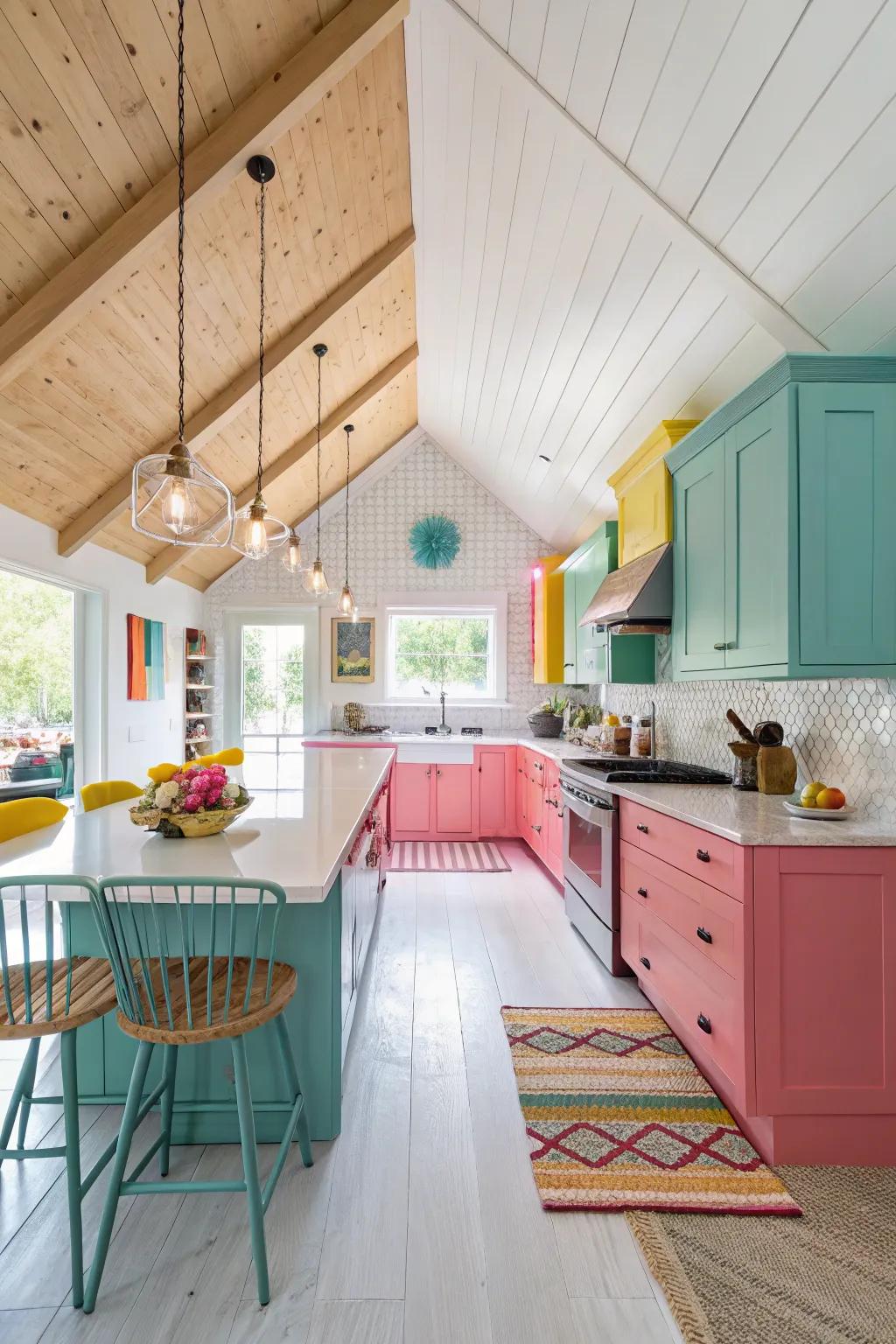 A pop of color adds a playful touch to this modern vaulted ceiling kitchen.