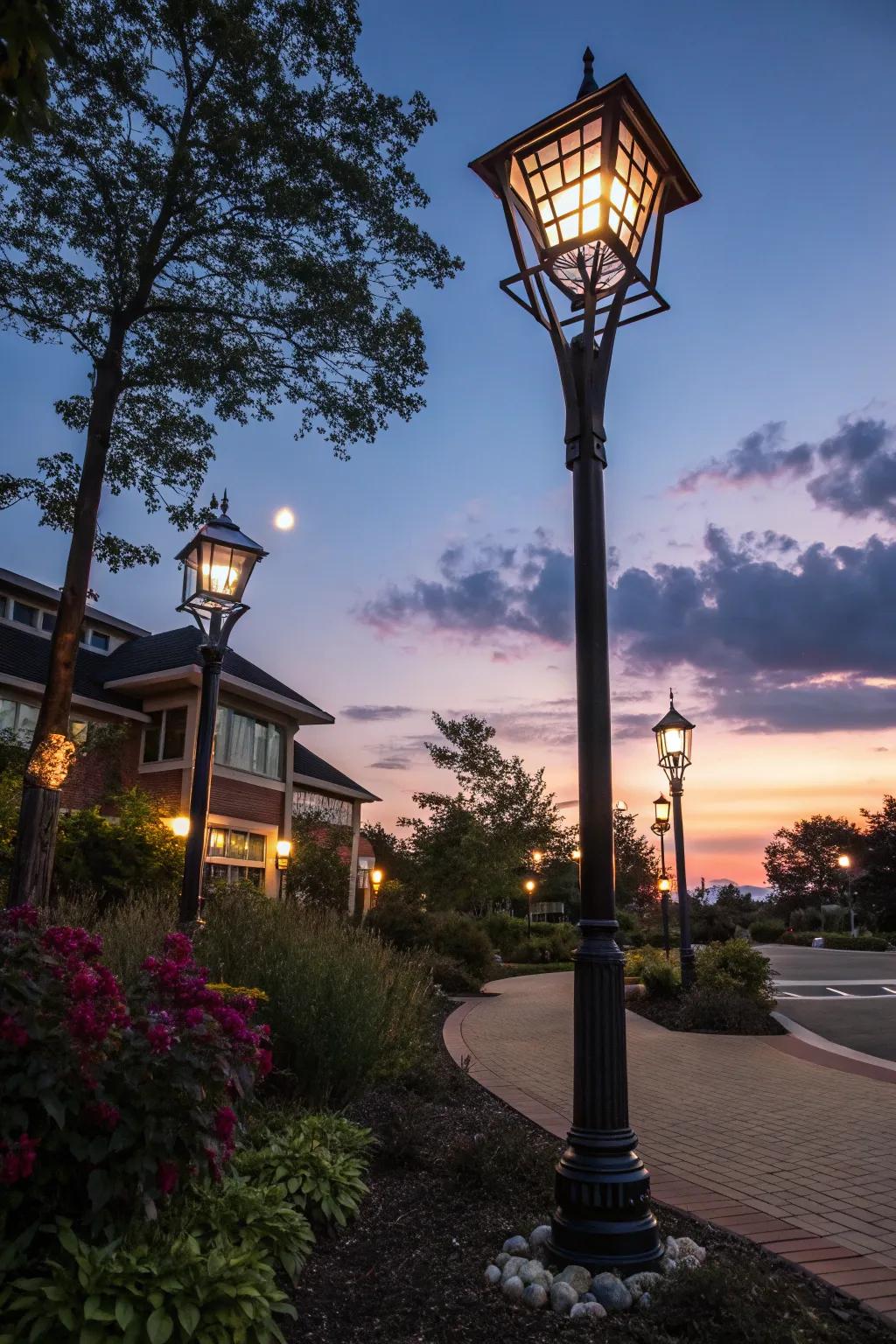 Solar lights enhancing the glow around a lamp post.