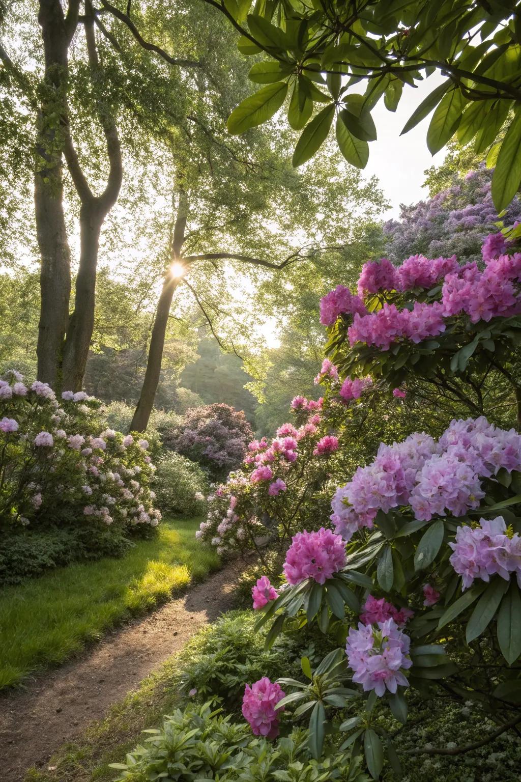 Rhododendrons bringing color to a serene shade garden.