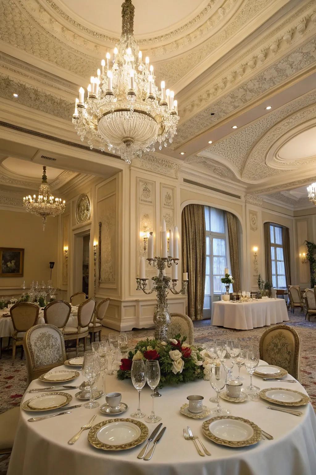 An elegant dining room with large crown molding, enhancing the dining experience.