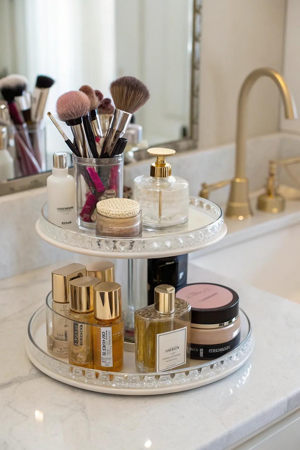 A vanity transformed with an organized lazy Susan.