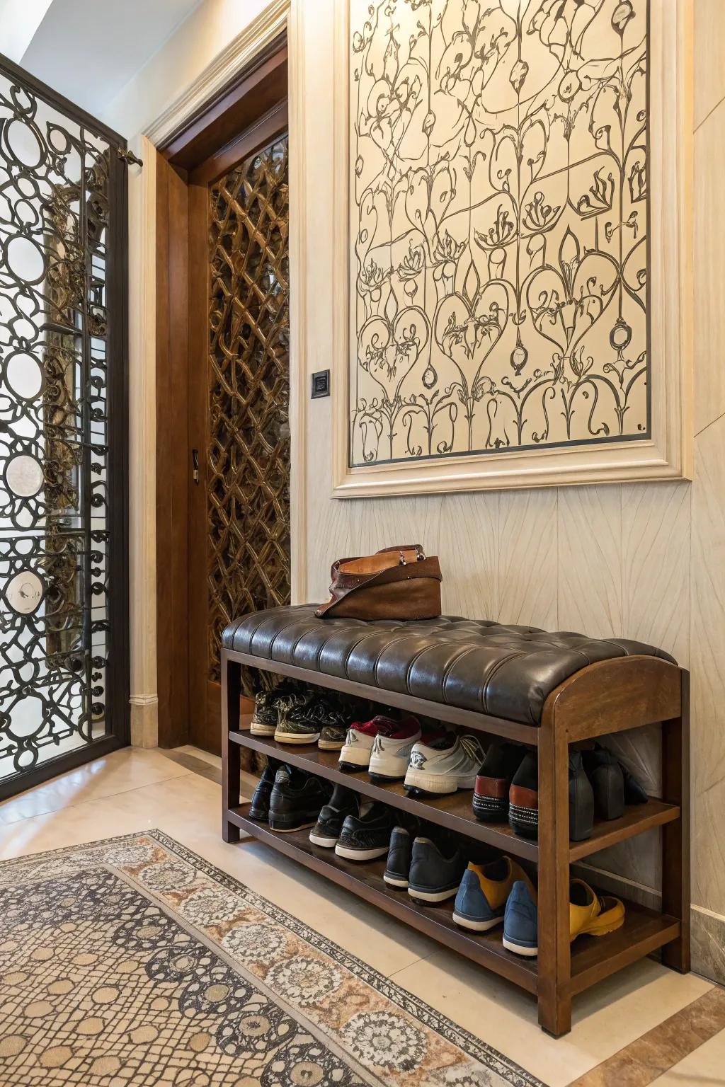 Leather accents turn shoe racks into stylish storage.