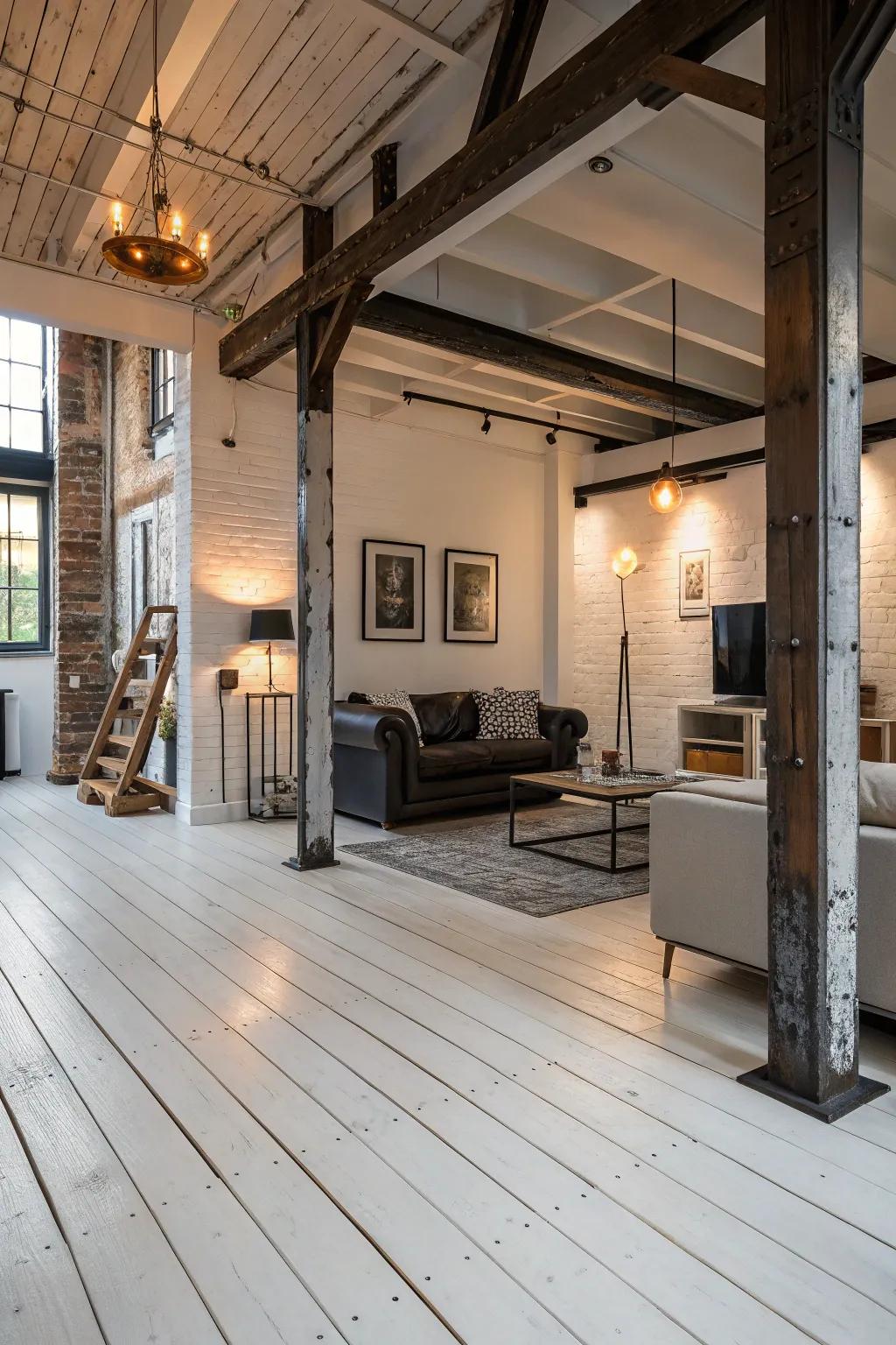 Industrial chic merges with elegance on white wood floors.