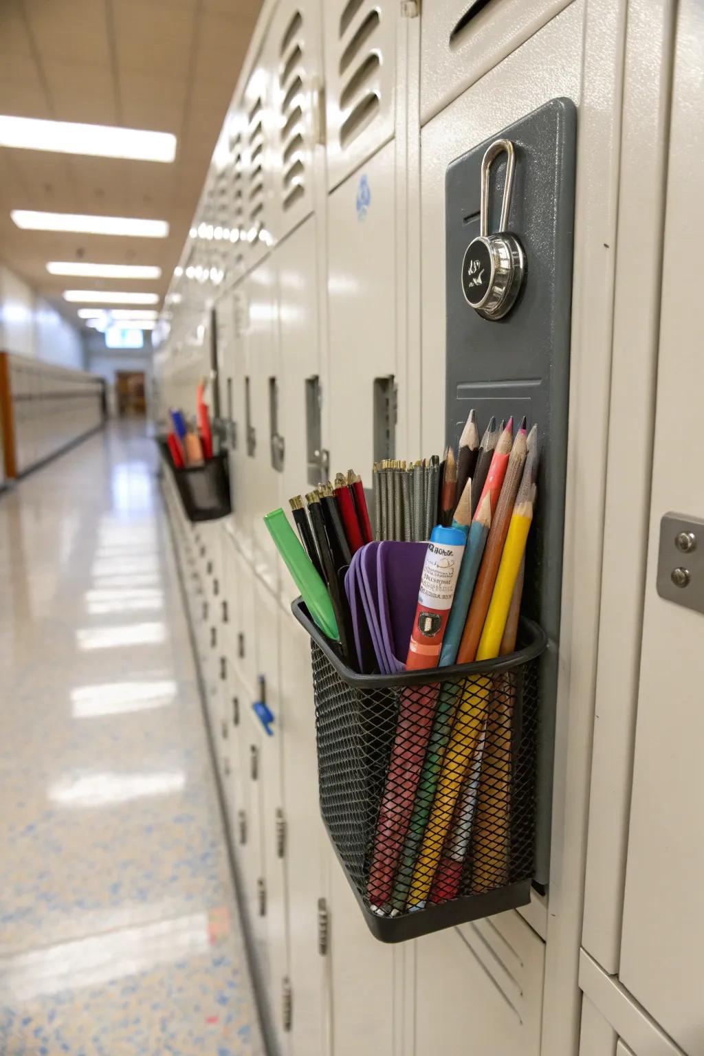 A locker featuring a stick-on pencil holder for easy access to pens and pencils.