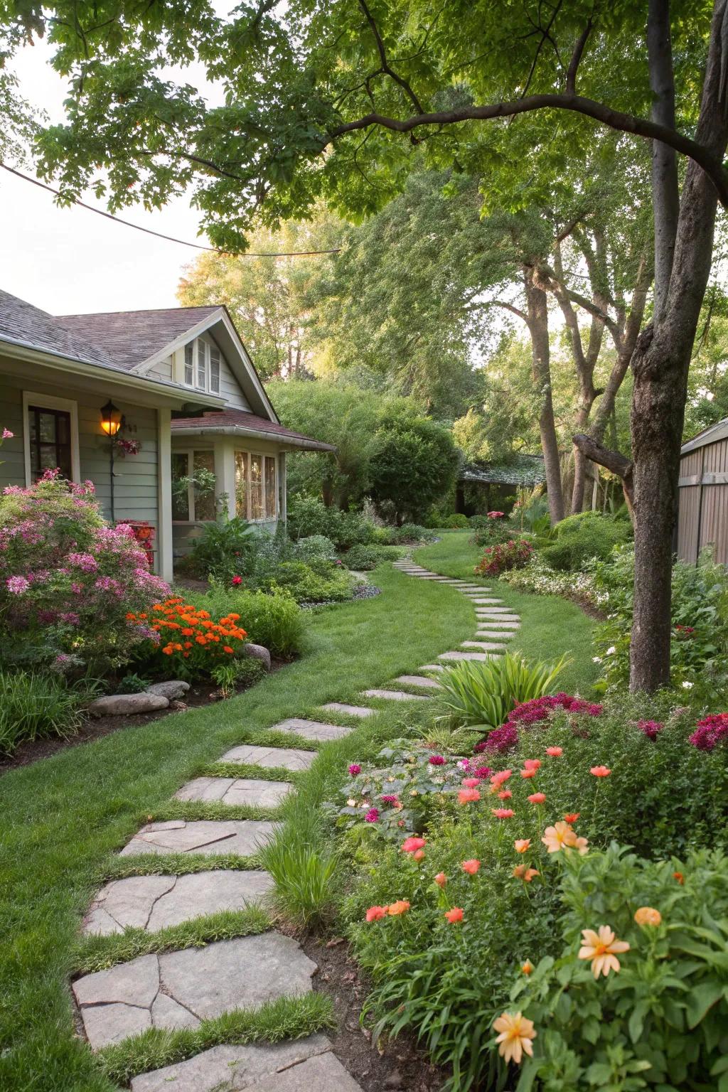 A stepping stone path guiding through the garden.