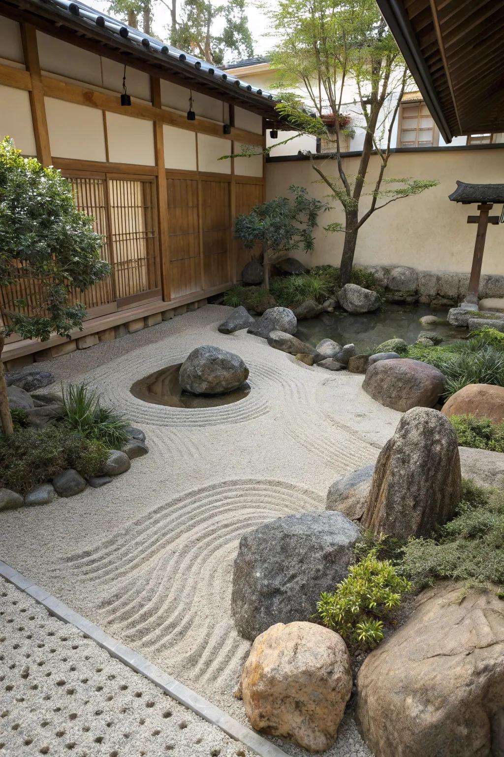 A tranquil Zen garden corner with rocks and sand.