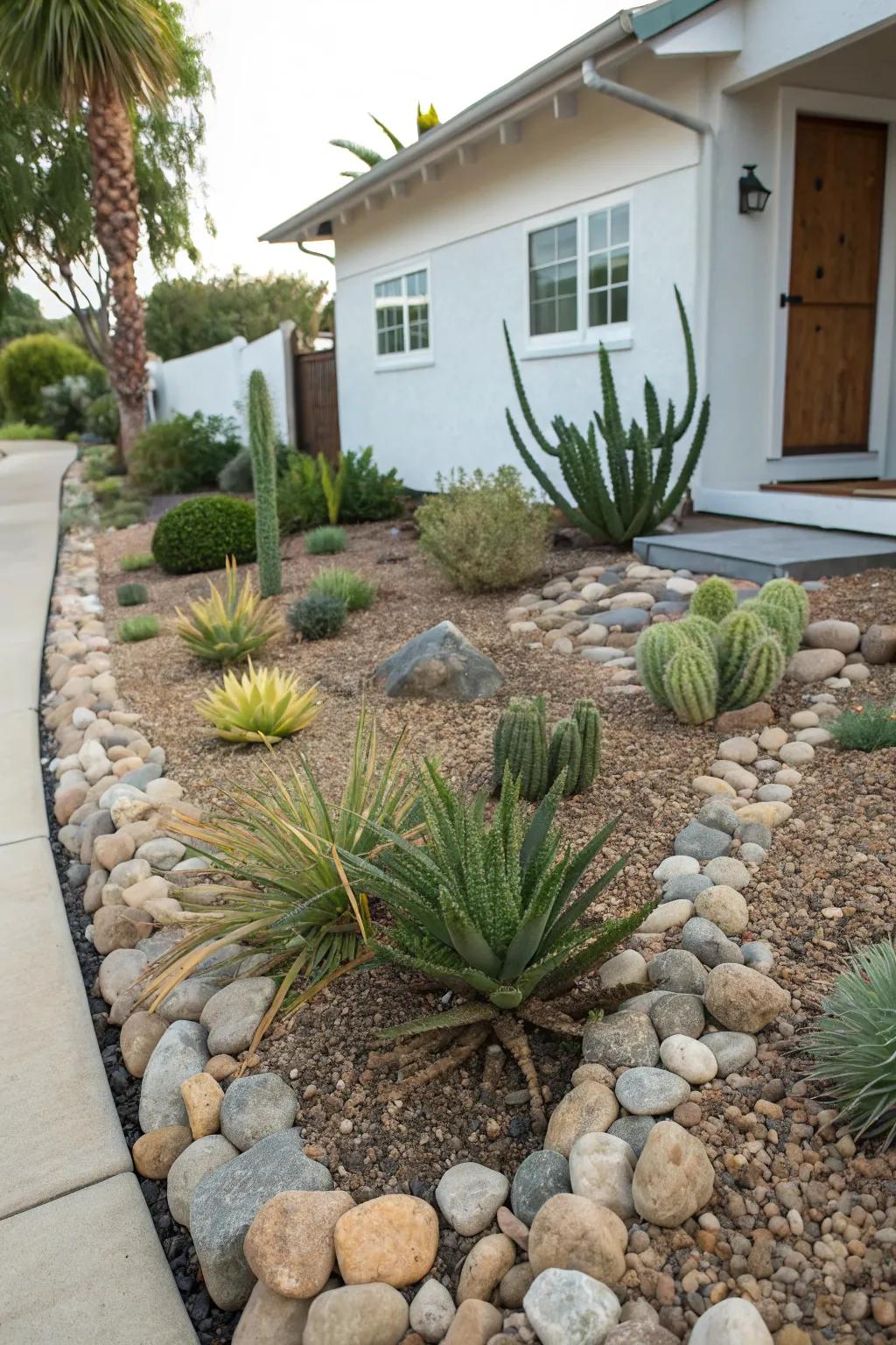 Opt for river rocks as a stylish and sustainable lawn alternative.