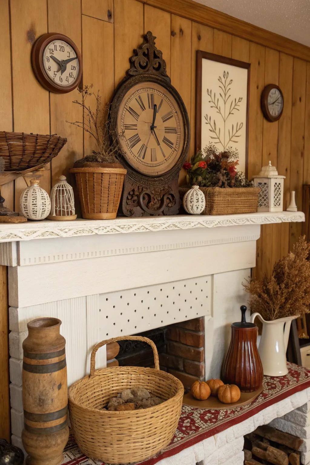 An artisanal mantel featuring a clock and handmade crafts.