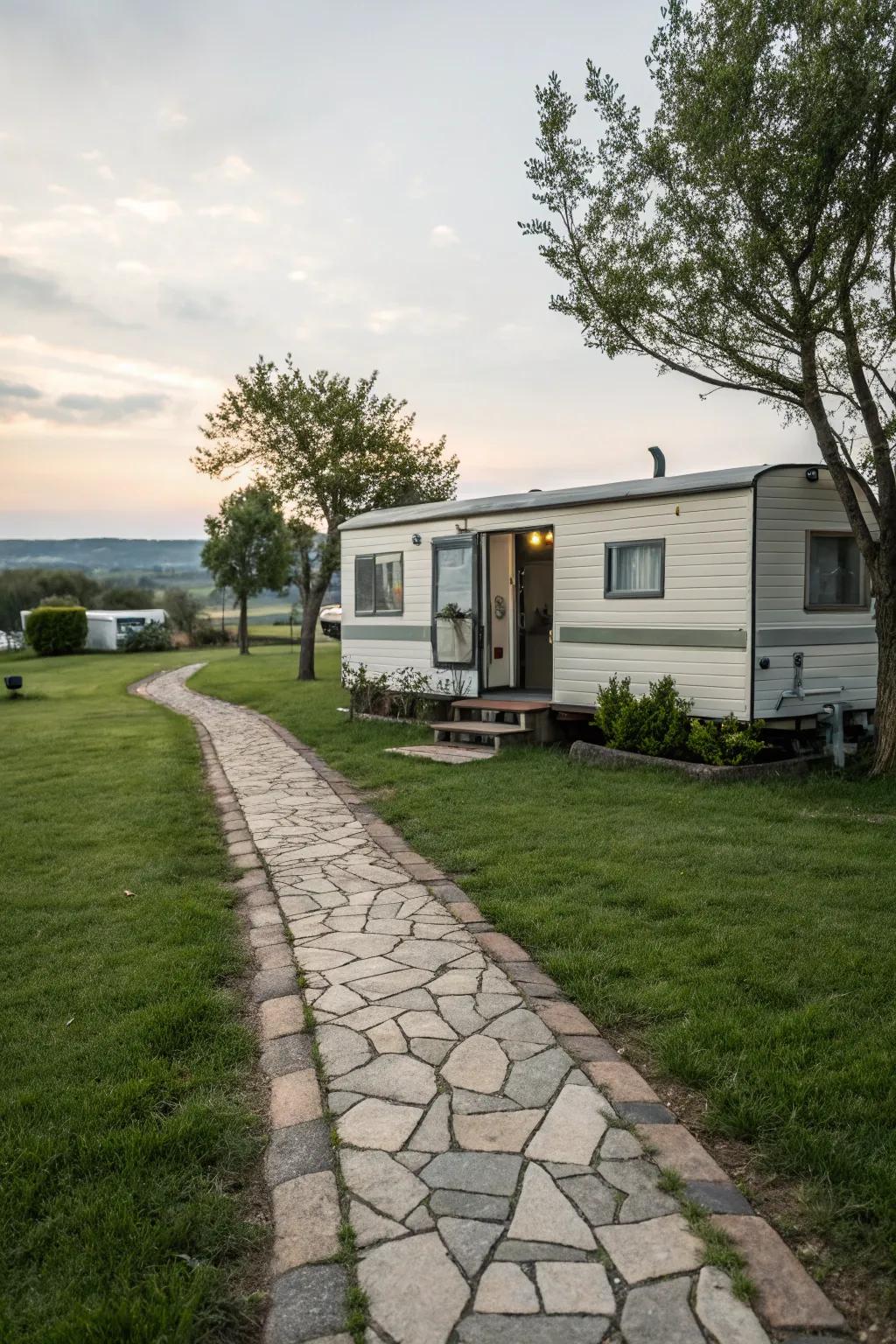 A stone walkway adding charm and functionality to a mobile home entrance.