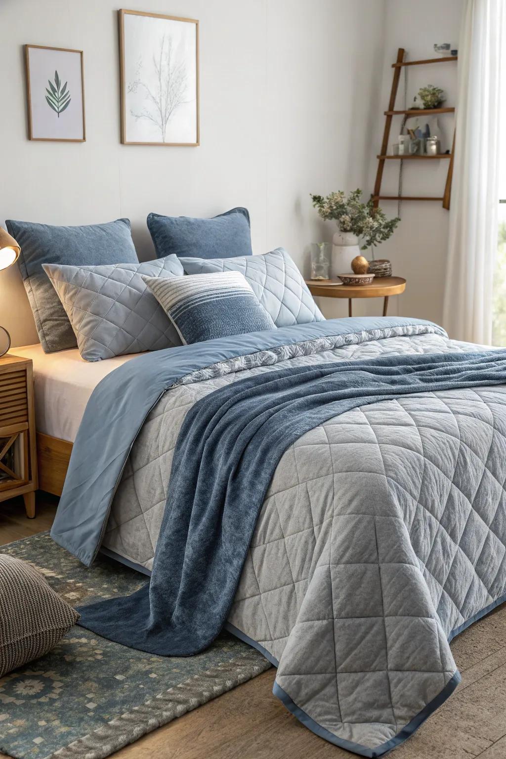 Layering grey and blue bedding adds depth and texture to your bedroom.