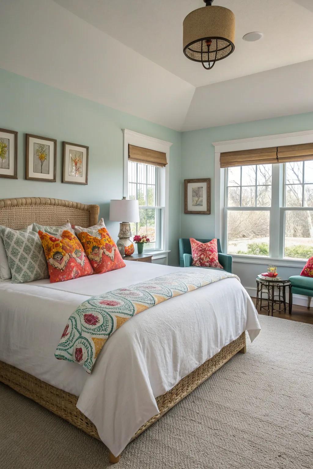 Bright accents infuse this modern bedroom with lively energy.