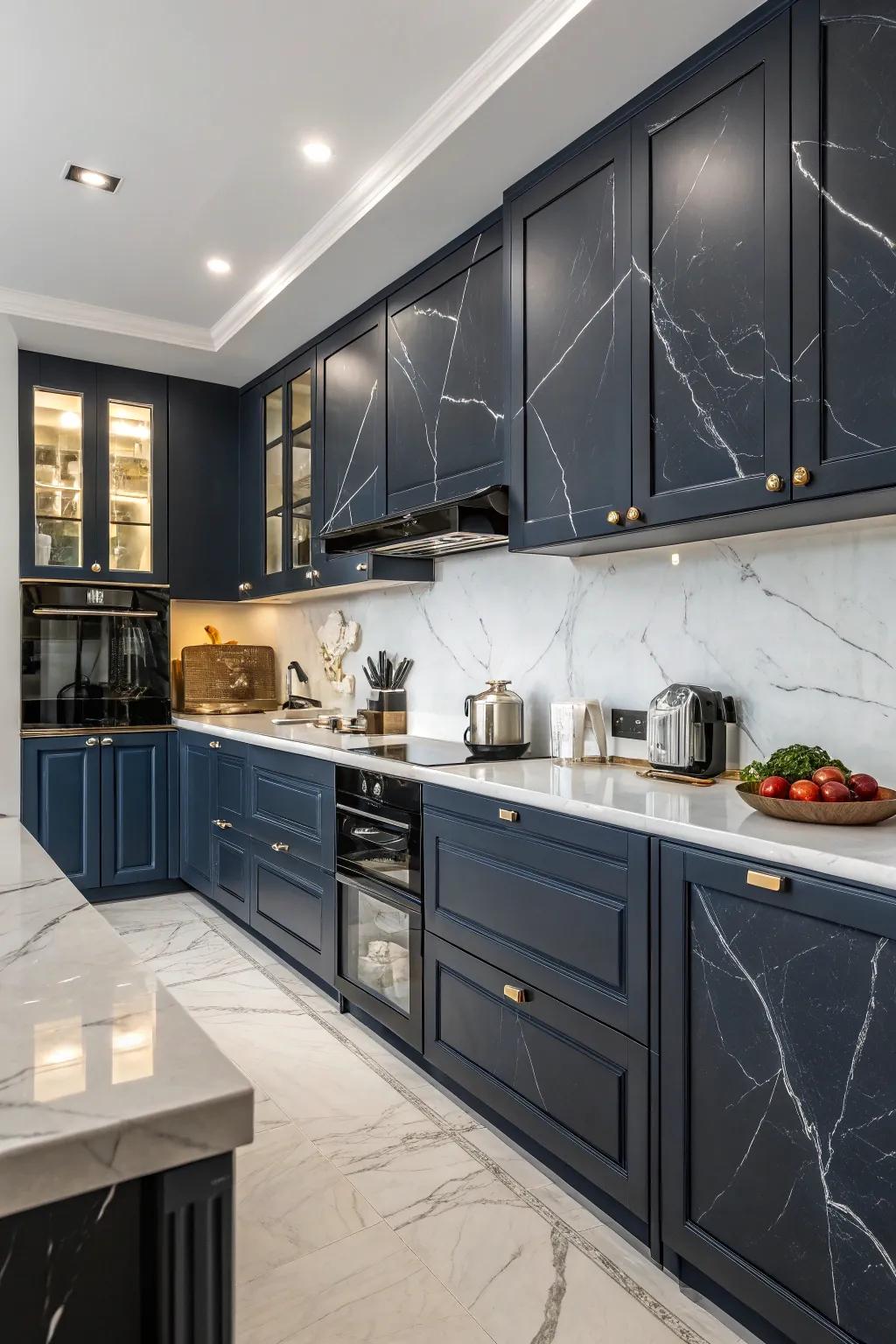 Dark marble countertops add a dramatic and luxurious touch to navy blue kitchens.