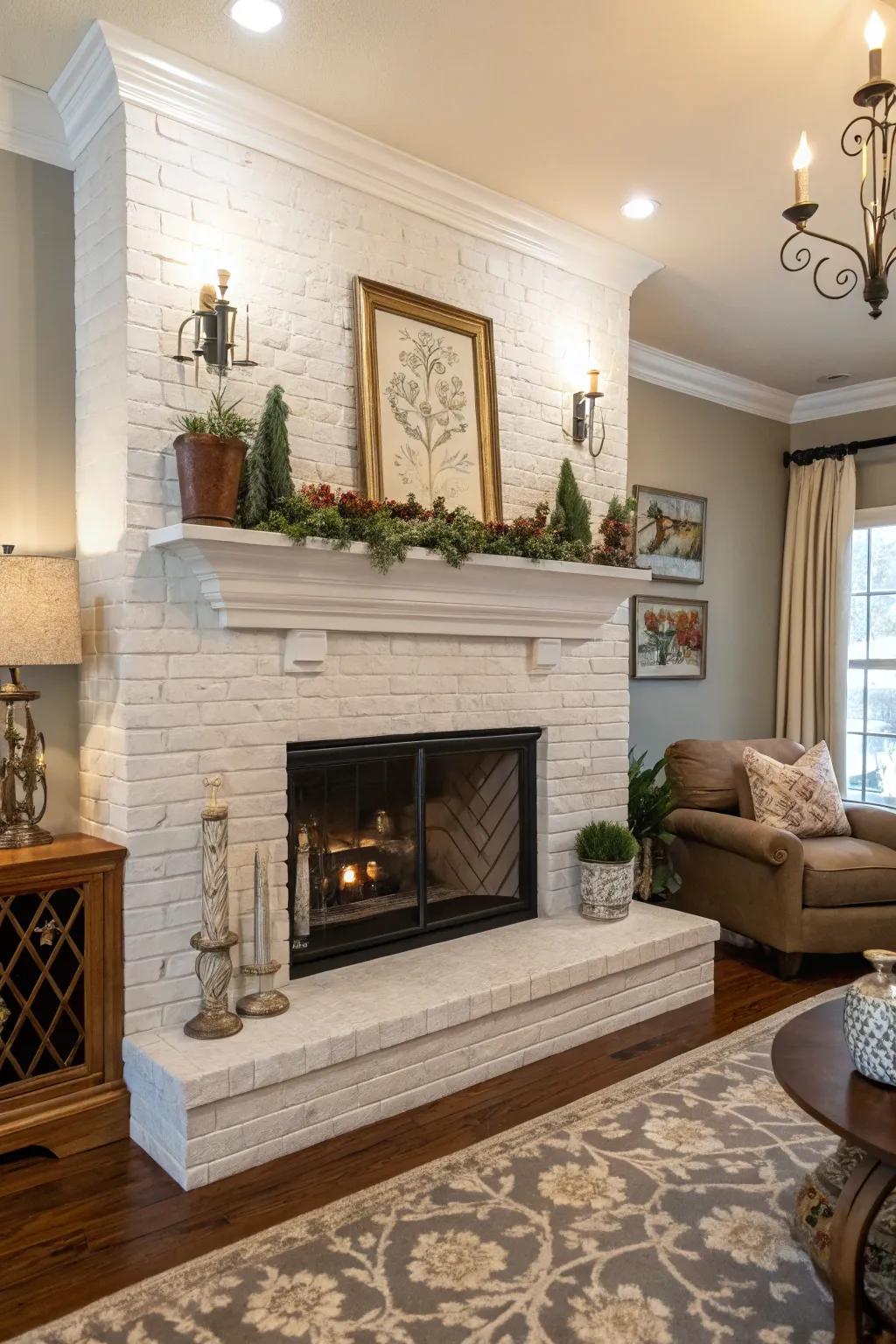 A styled mantel enhances a painted brick fireplace.