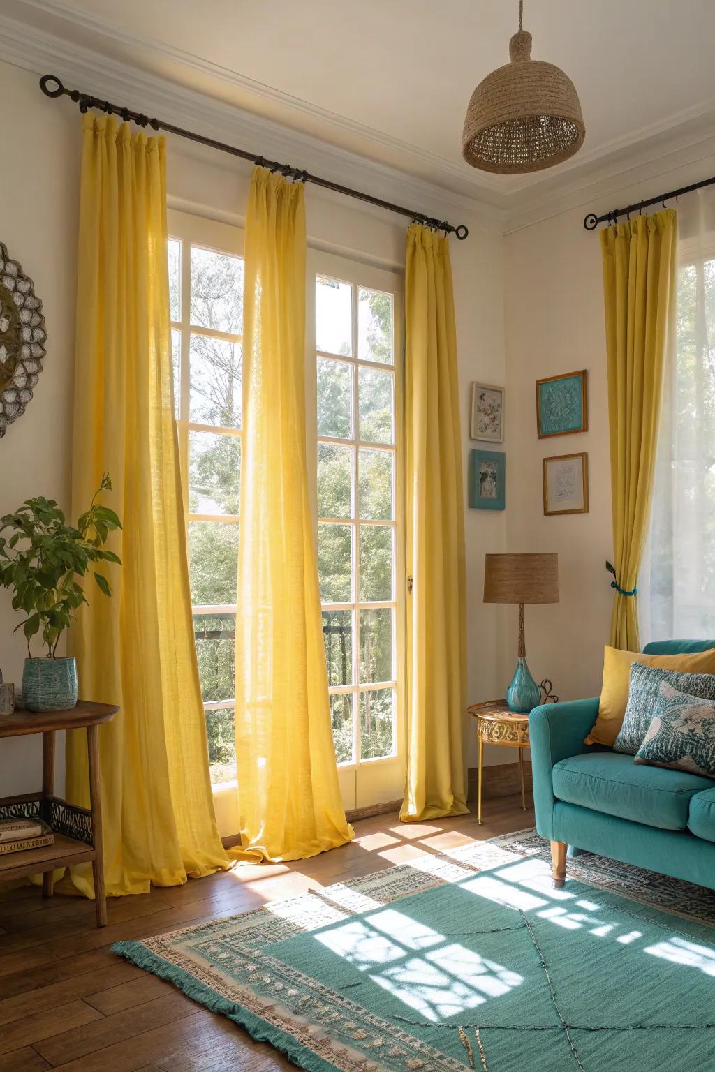 Yellow curtains enhance natural light and warmth.