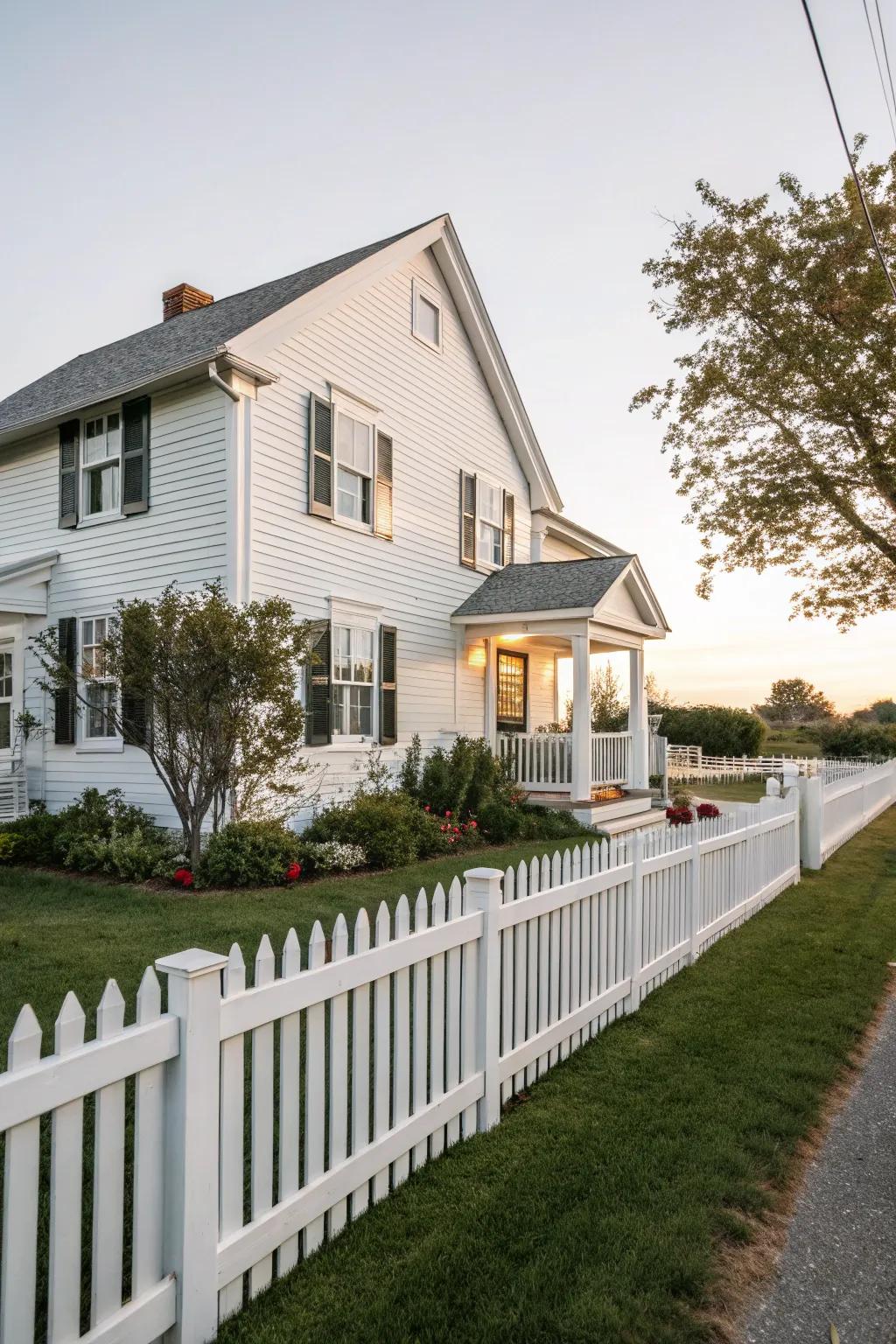 A pristine white fence beautifully framing the property.
