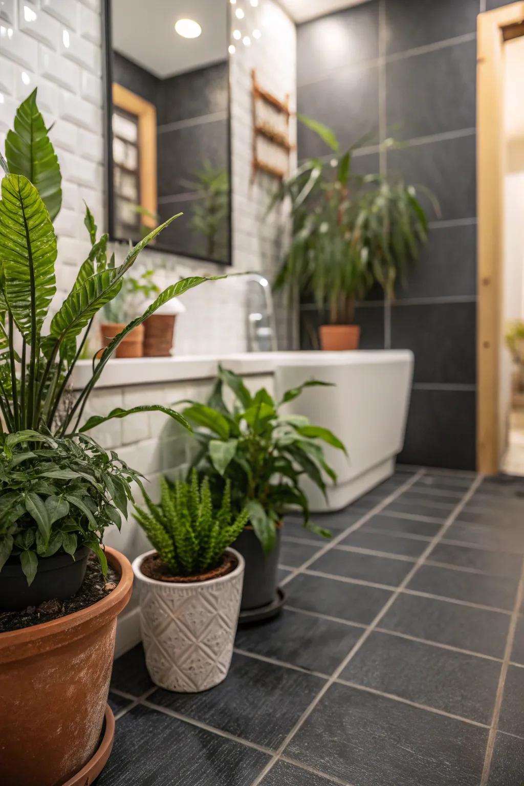 Botanical touches bring life and color to moody bathrooms.