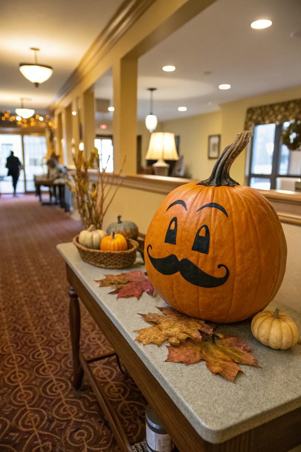 A funny mustache gives this pumpkin a whimsical touch.