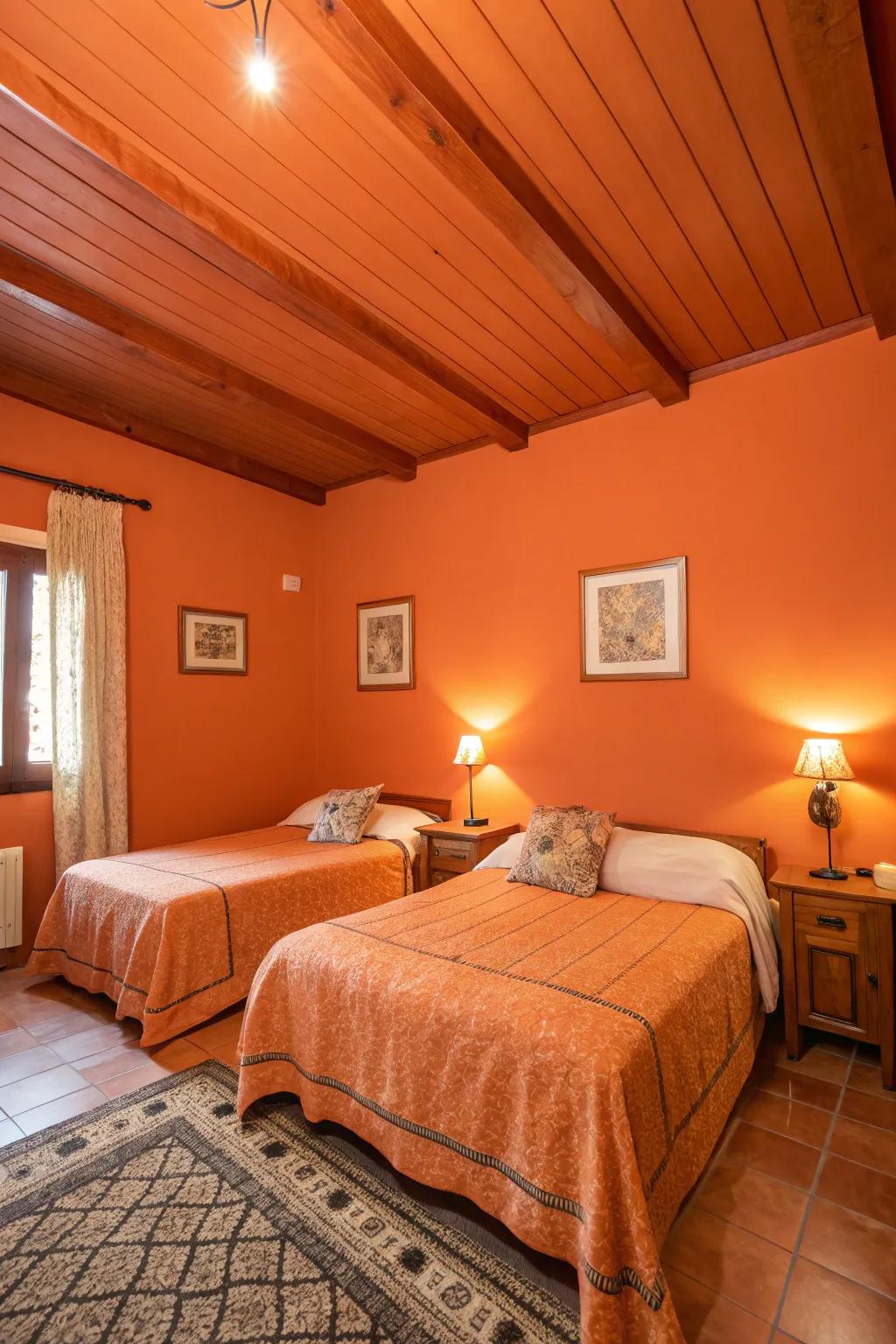 An orange ceiling creates a dramatic and cozy atmosphere.