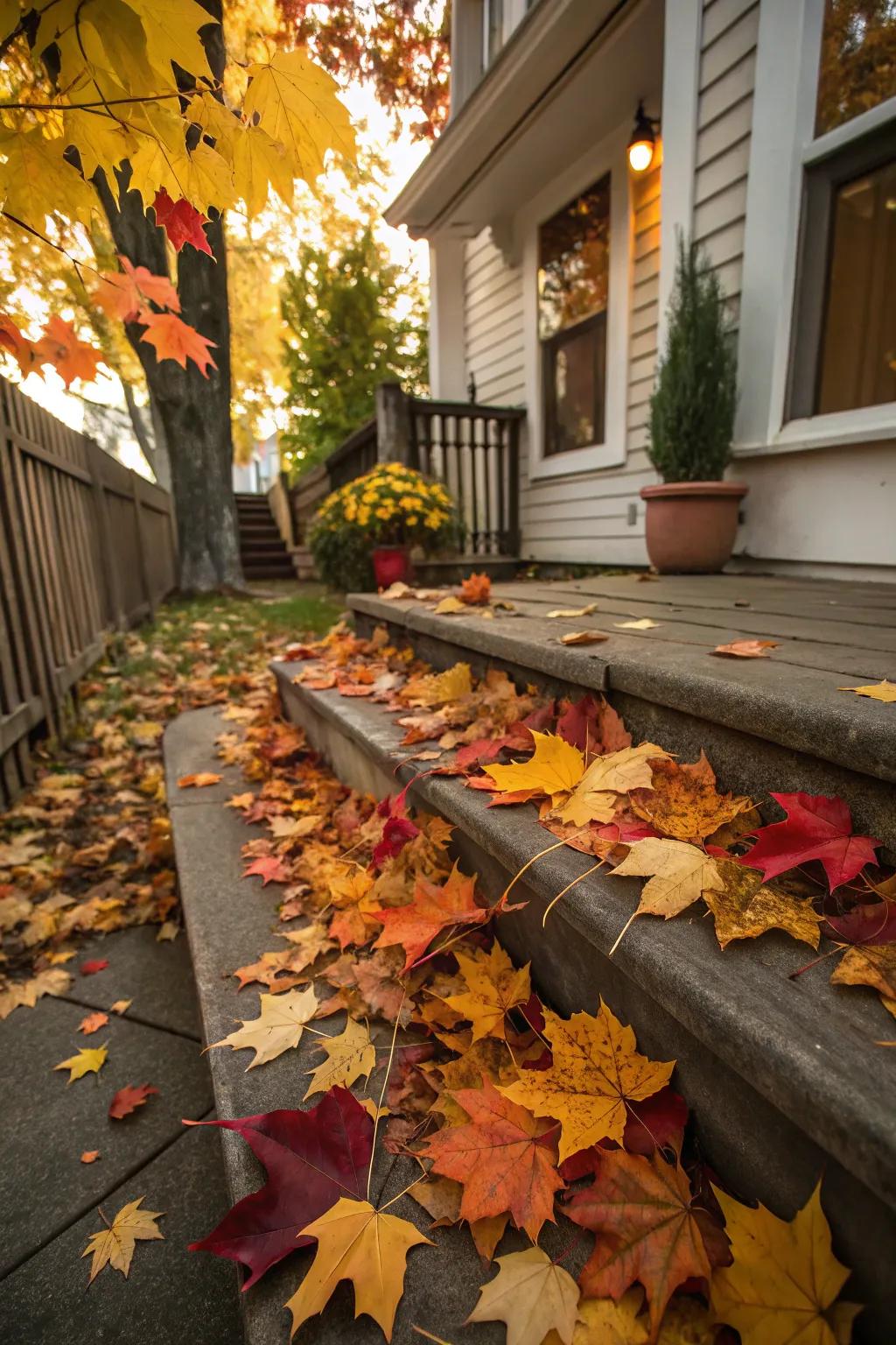 Scattered fall leaves add a vibrant and natural touch to the steps.