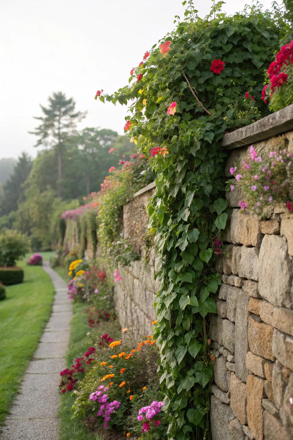 Climbing plants turn stone walls into vibrant, living art.