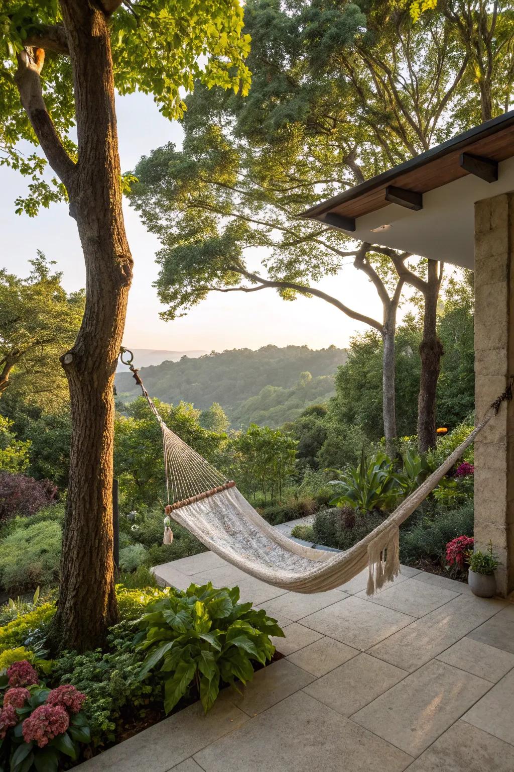 A swing or hammock adds a playful and relaxing vibe to your patio.