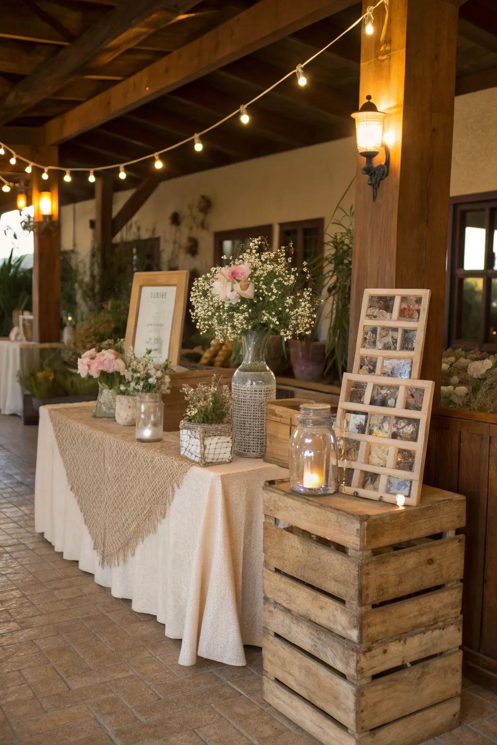 Rustic elements create a cozy and inviting photo booth.