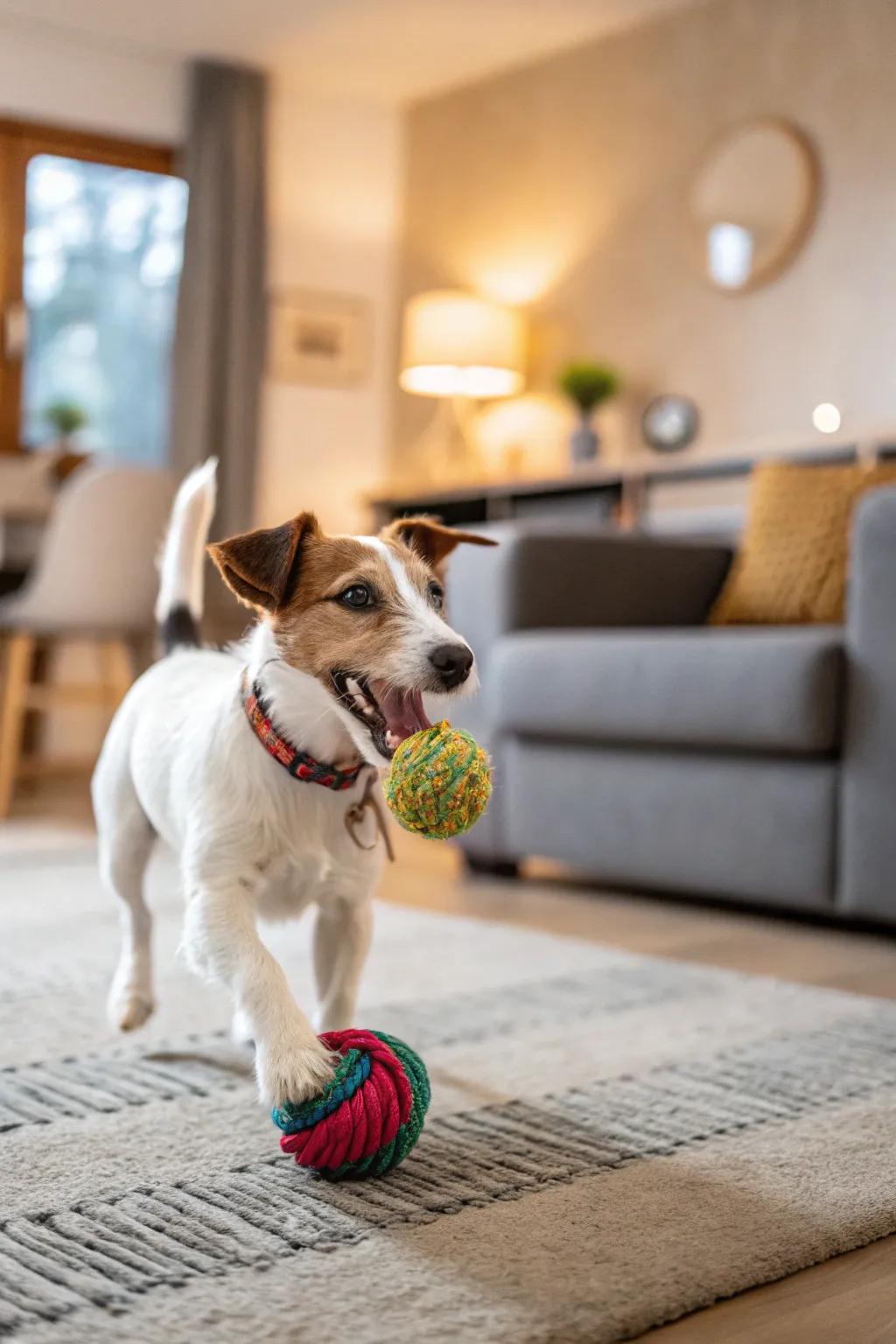 A playful pet reveling in a cozy home setting.