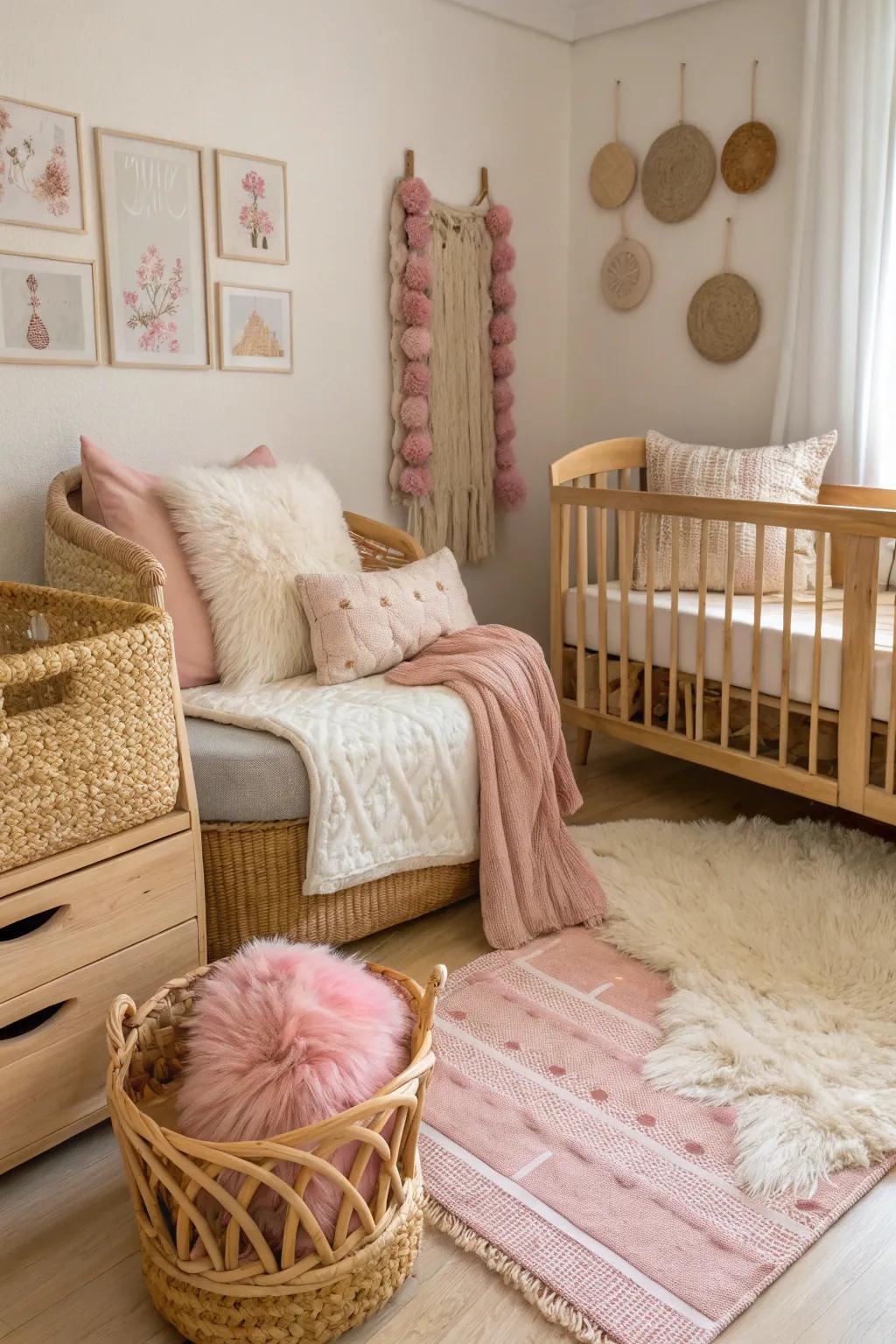 Layered textures establish a rich and inviting nursery setting.
