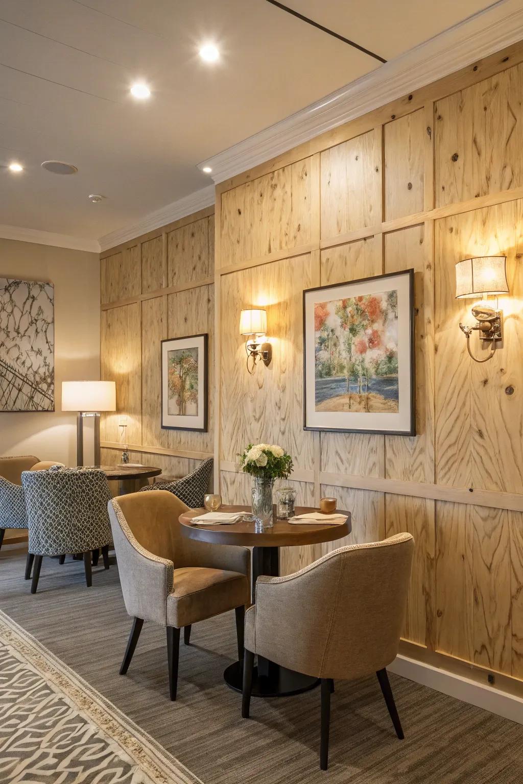 A plywood accent wall adds character and style to any room.