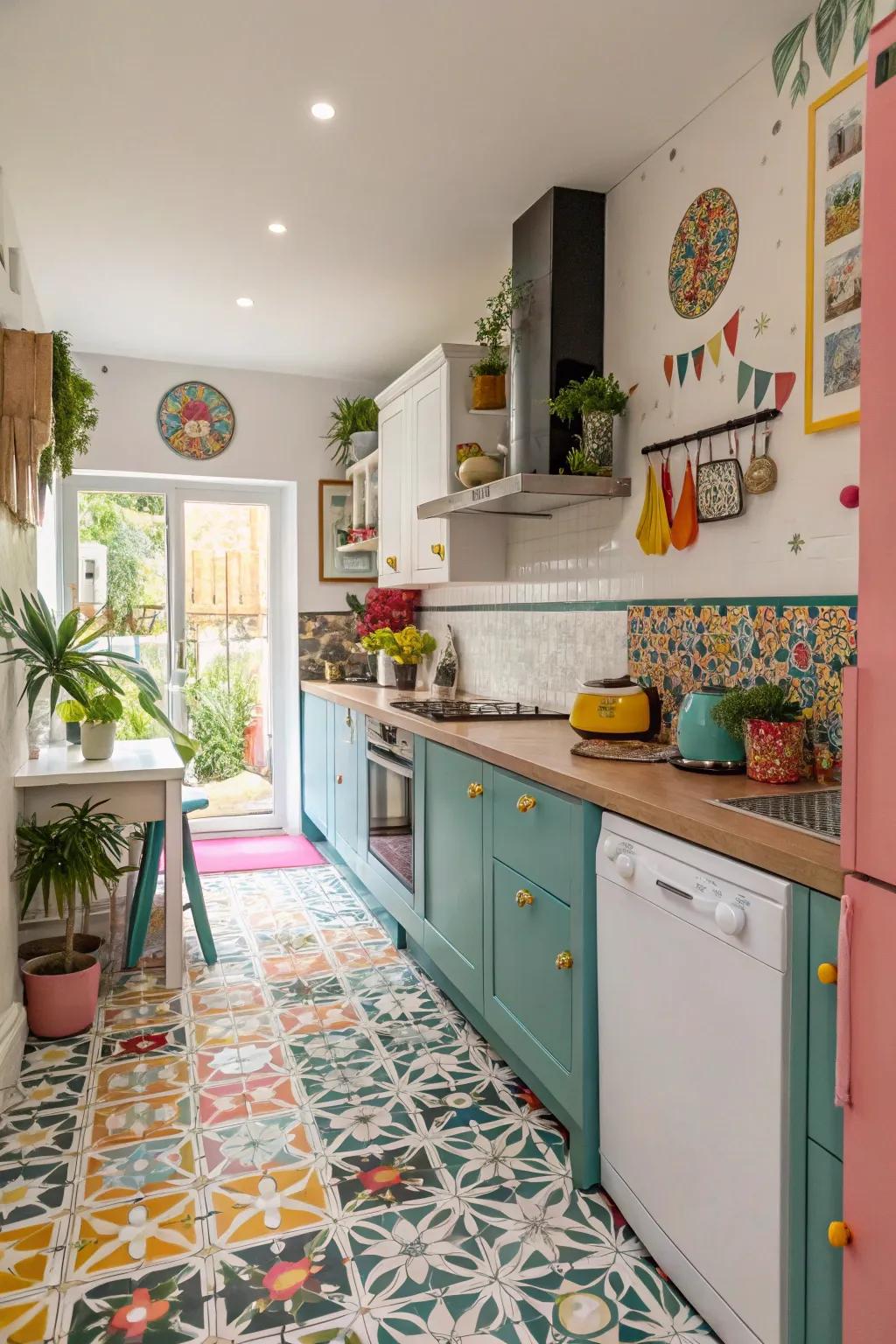 Patterned tiles bring whimsy and creativity to kitchen floors.