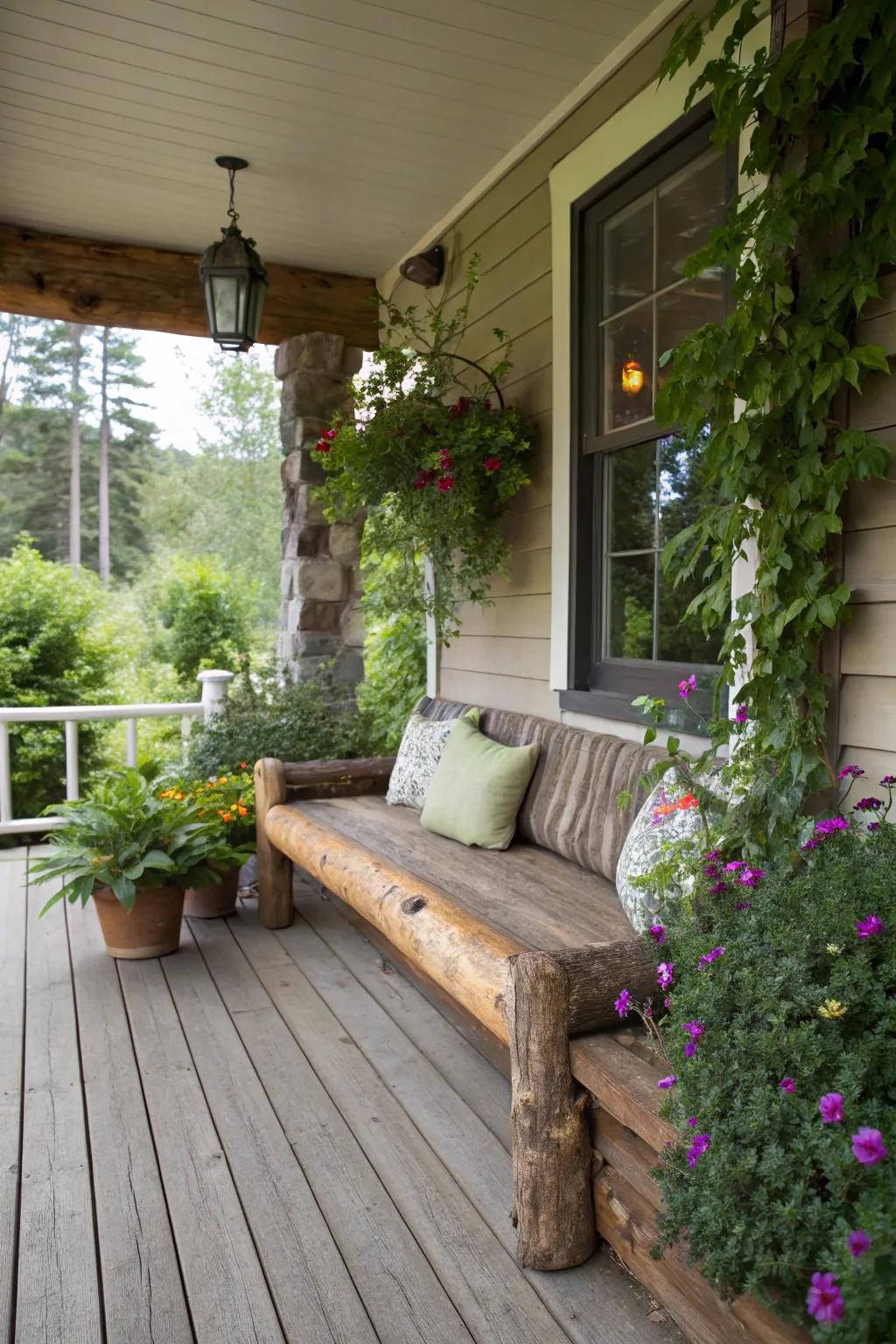 A log bench adds natural character to the porch.