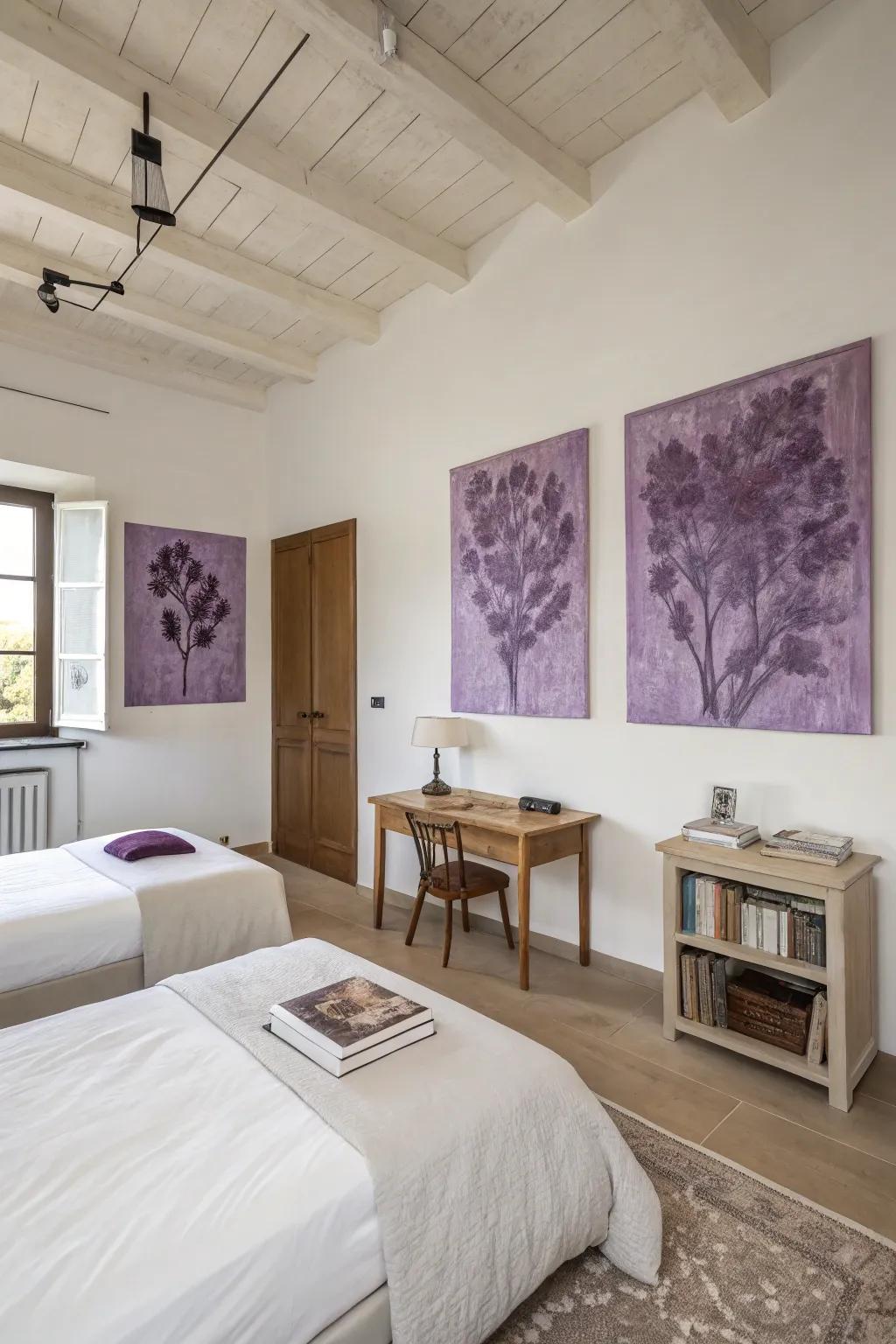 Violet art pieces serve as stunning focal points.