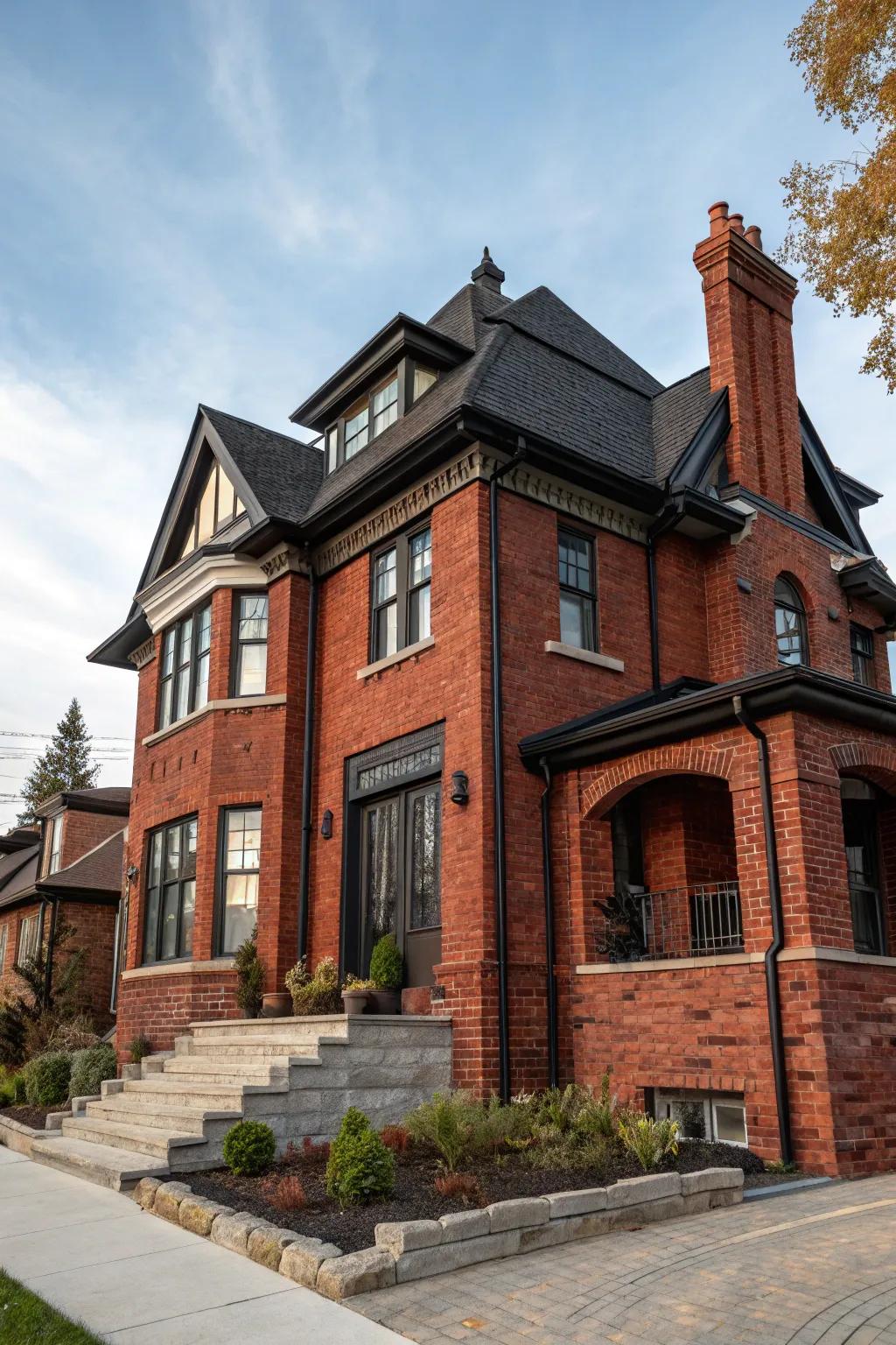 Jet trim crafts a dramatic and elegant contrast with red brick.