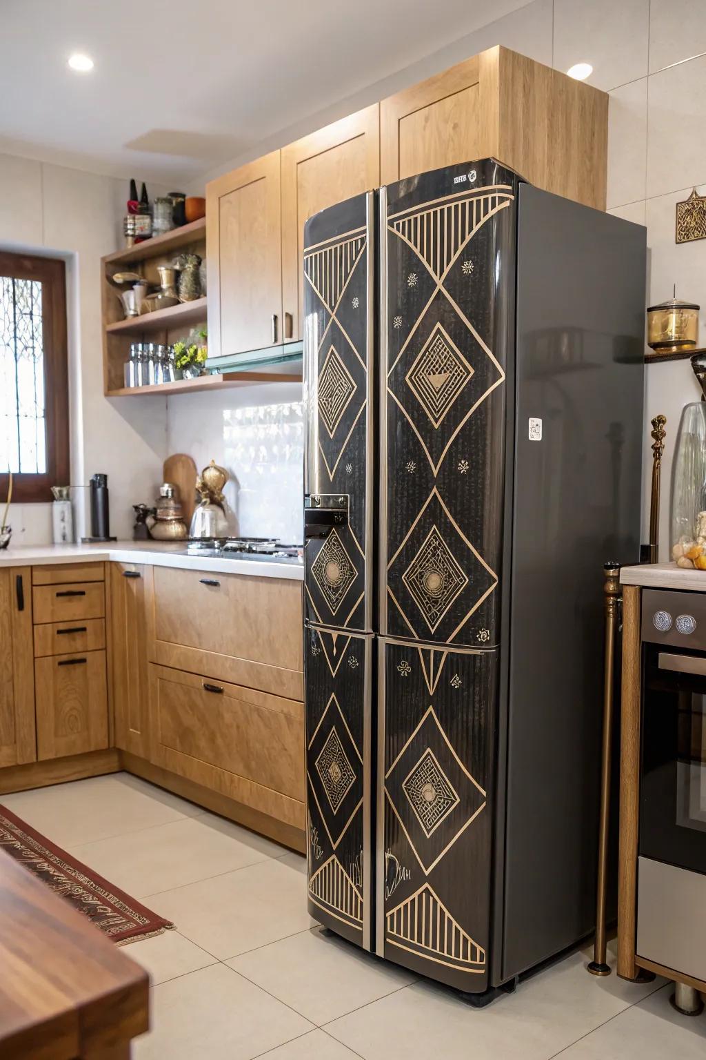 A kitchen showcasing an Art Deco-inspired refrigerator with geometric design elements.