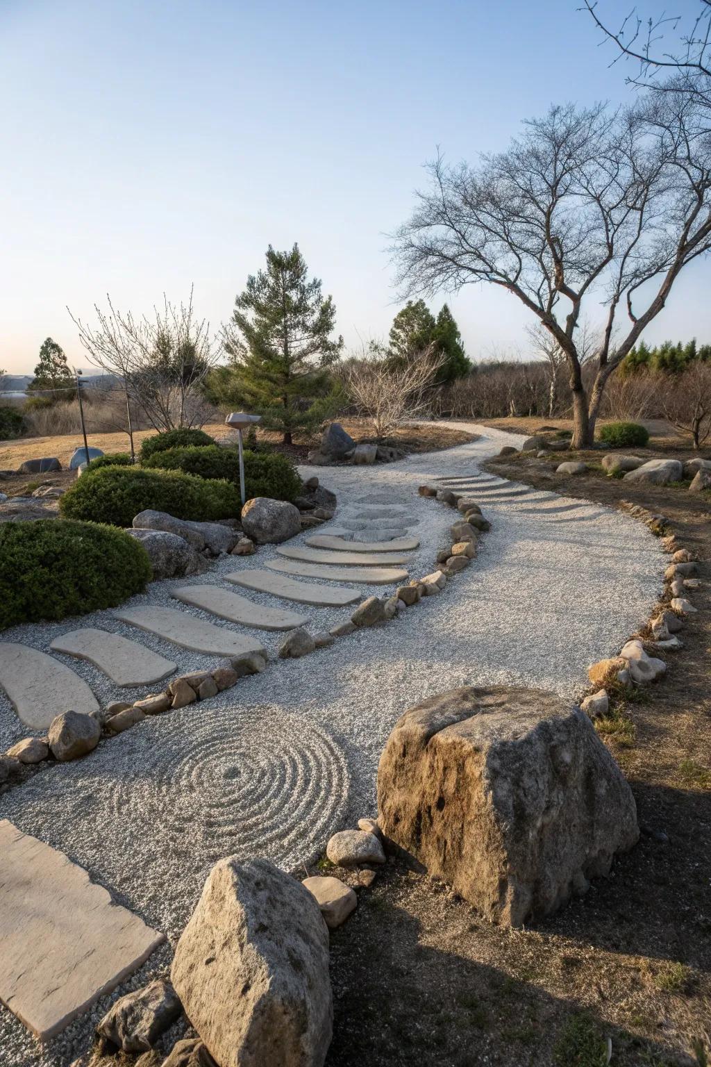 Meandering pathways invite exploration in a rock garden.