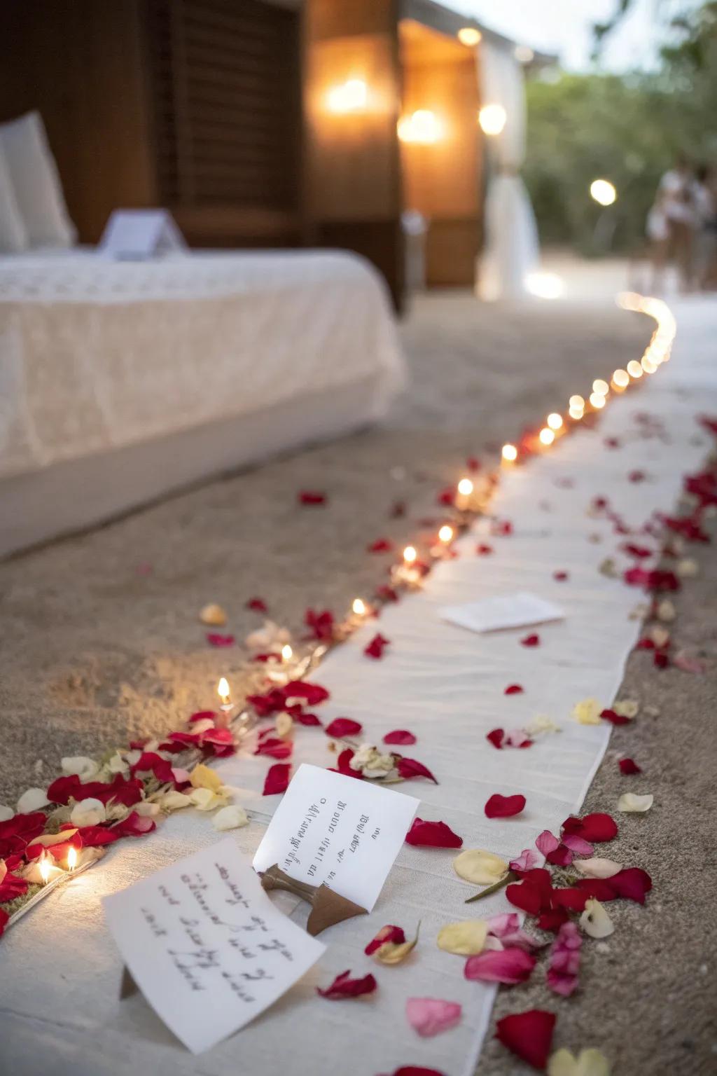 A path of rose petals interspersed with personal notes.